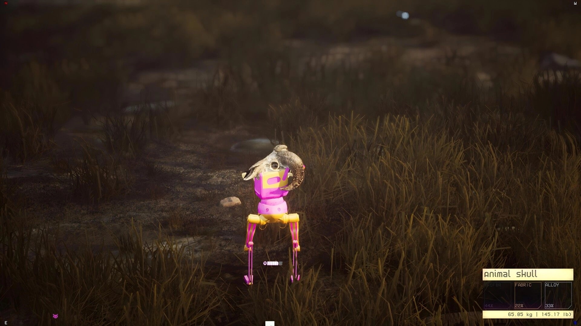 Endless Machines: Pink robot loots an animal skull on a grassy path, item weight UI visible.