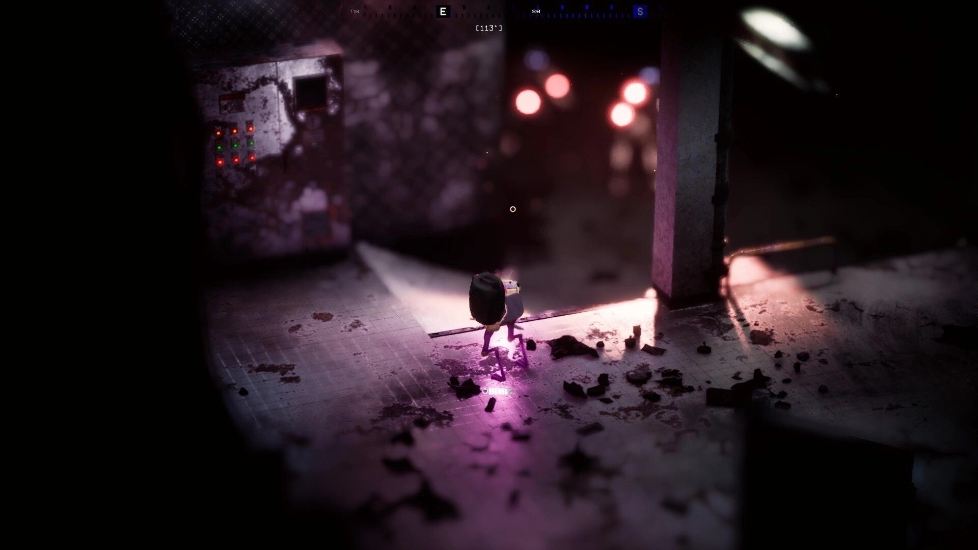 Endless Machines: Small robot scavenger in ruined corridor, compass HUD and glowing enemies ahead.