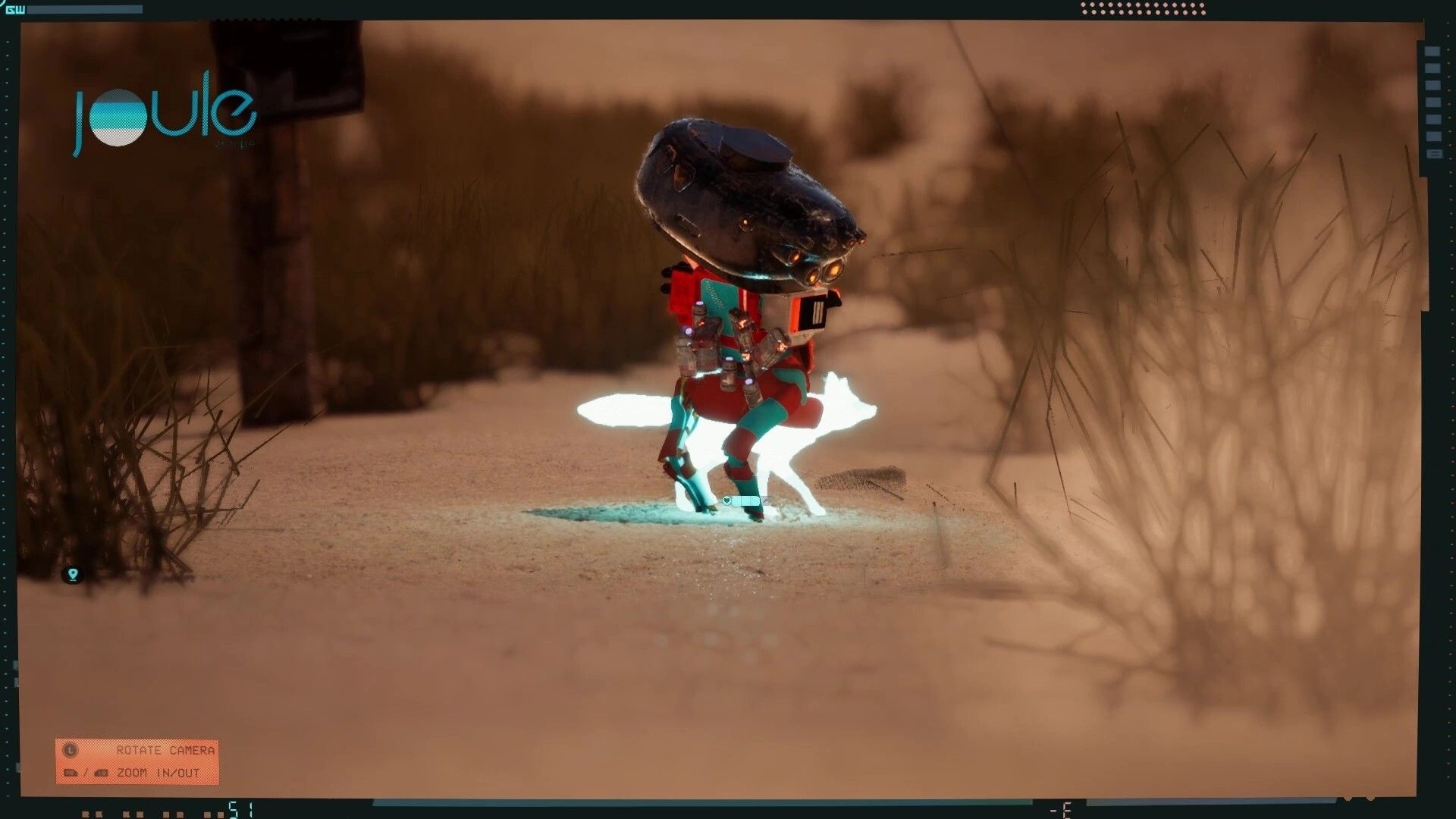 Endless Machines: Photo mode view of a small robot in red armor standing on a sandy path in grass.