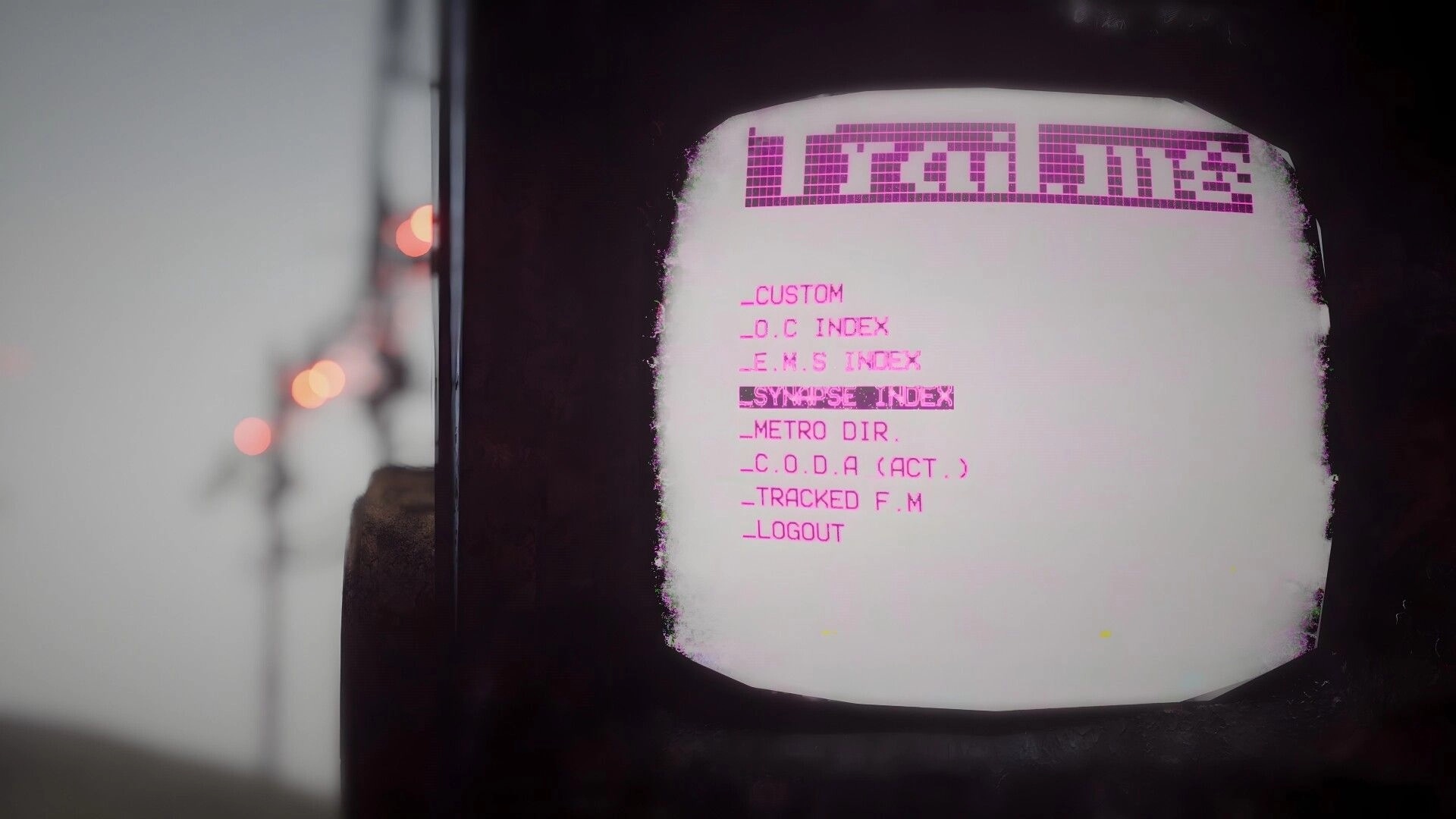 Endless Machines: Terminal directory menu with Synapse Index highlighted on a glowing CRT screen.