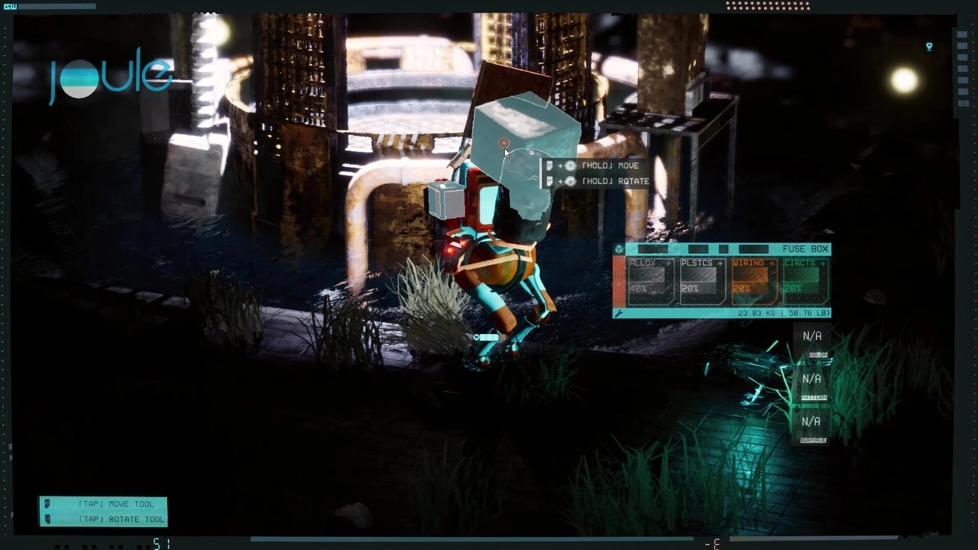 Endless Machines: Robot holds and rotates a fuse box part beside pipes in a dim industrial area UI open.