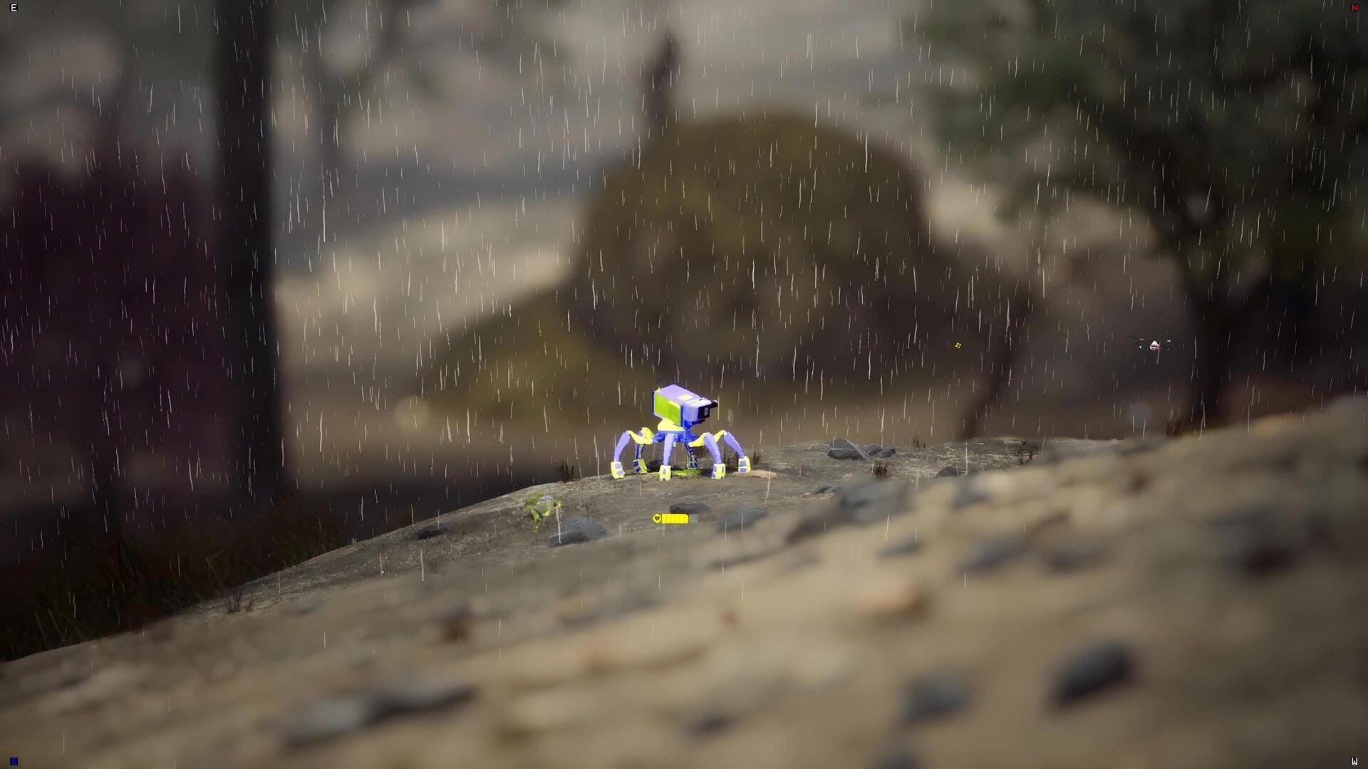 Endless Machines: Small spider-like robot idles on a rainy cliffside with compass UI at top.