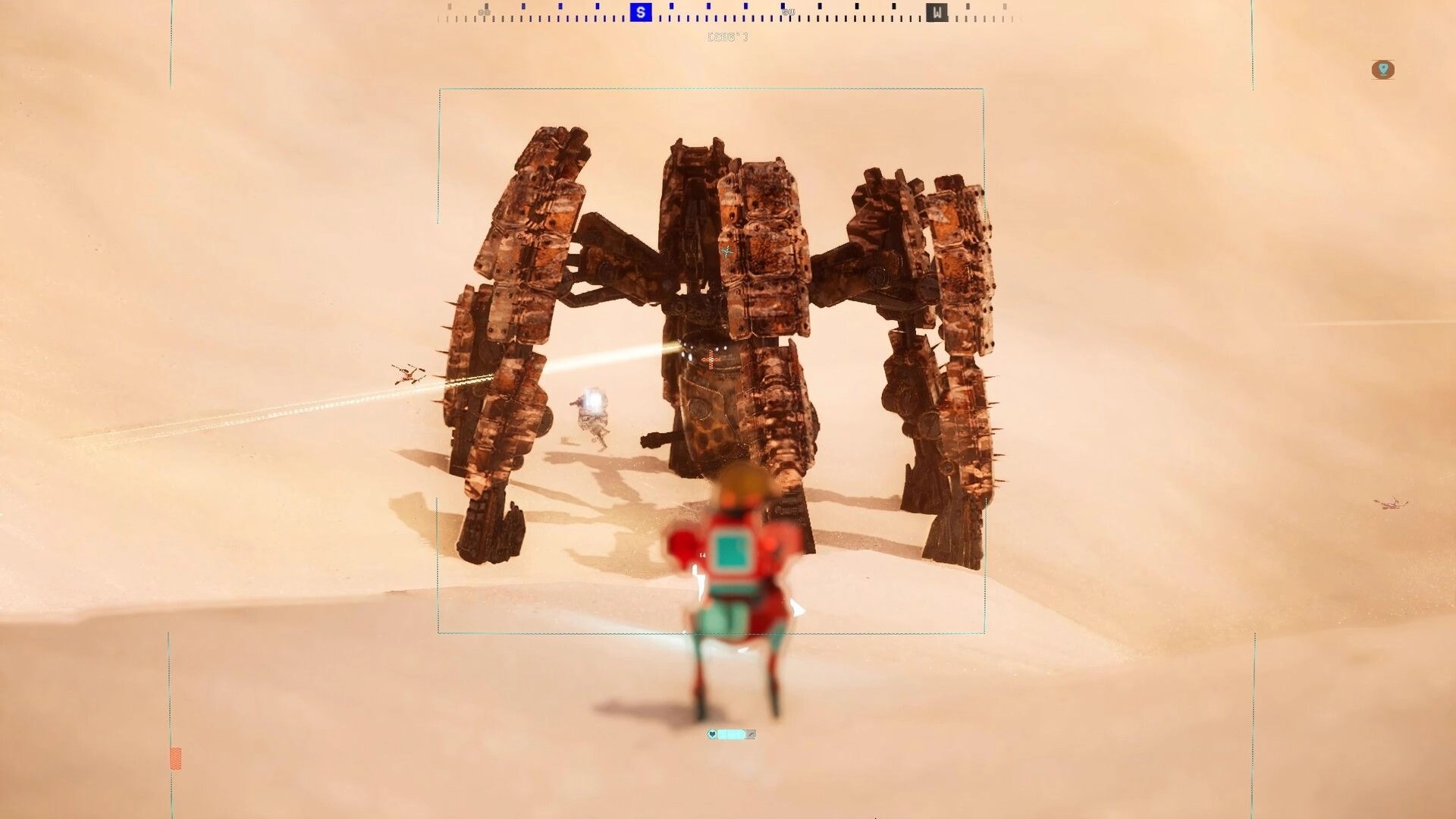 Endless Machines: Aiming at a towering four-legged mech in a sandy wasteland with targeting HUD overlay.
