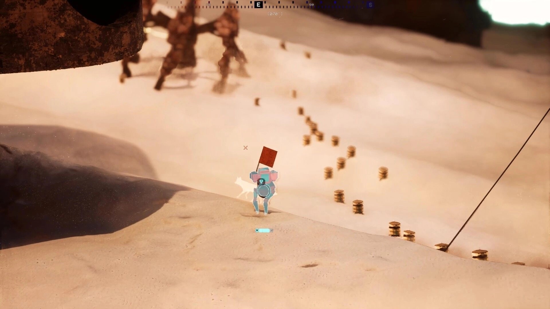 Endless Machines: Player marker on snowy slope with compass UI, distant figures and scattered posts.