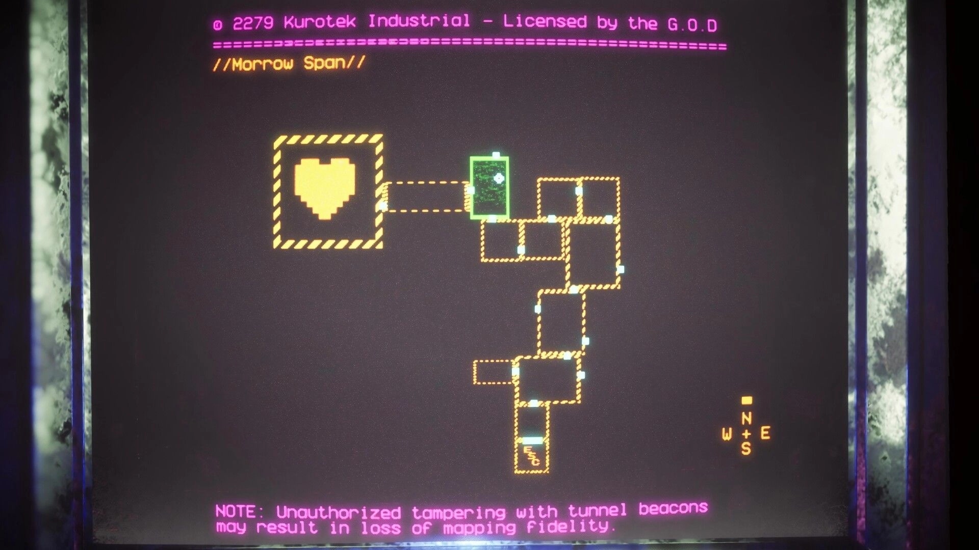 Endless Machines: Neon tunnel map interface with heart icon hub and branching rooms on dark display screen.