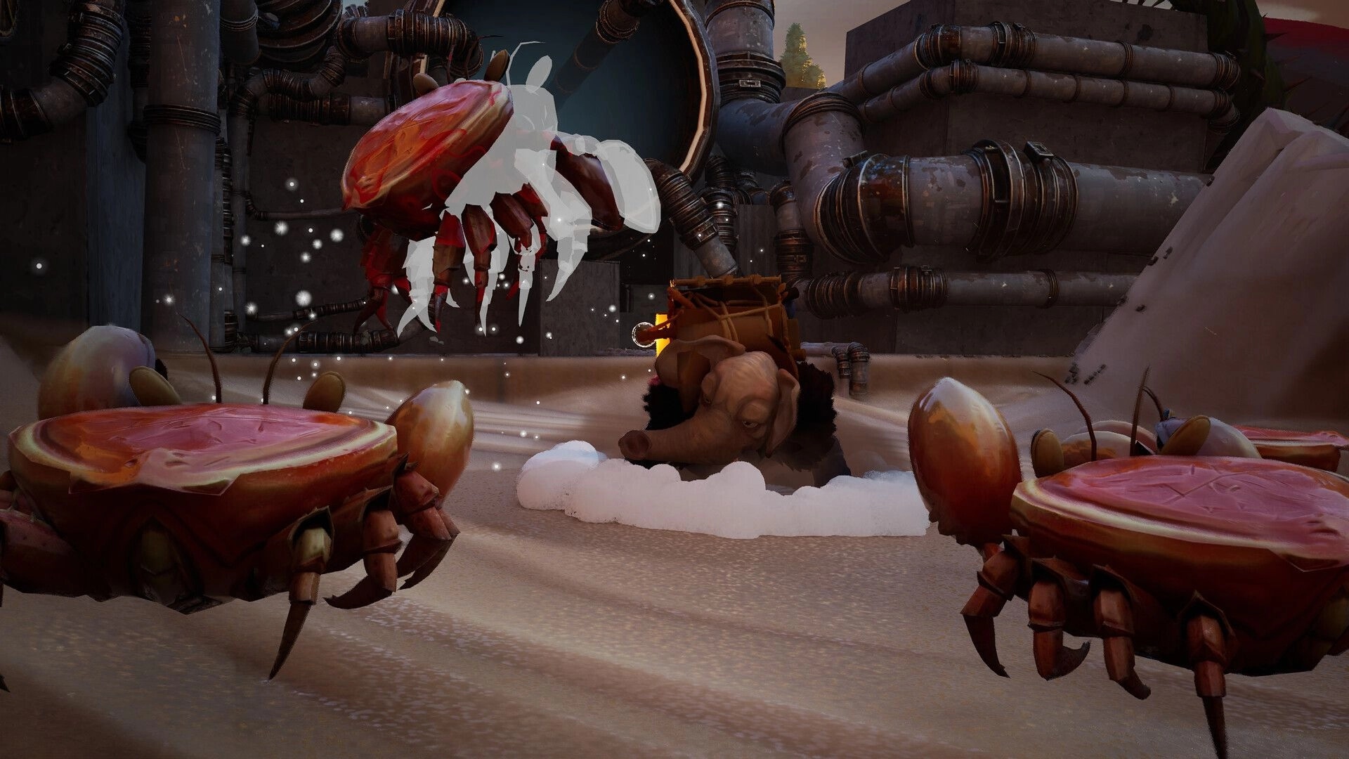 Enfant: Elephant character encounters large red crabs in an industrial, pipe-filled sandy environment.