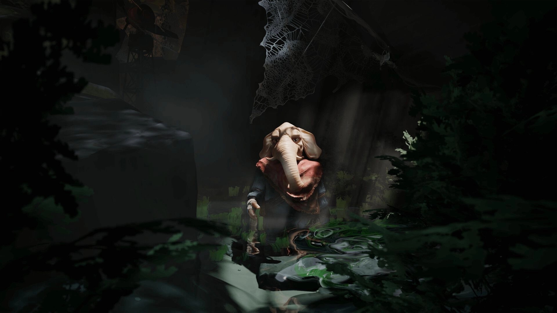 Enfant: Elephant character exploring a dimly lit forest with cobwebs overhead and lush foliage around.