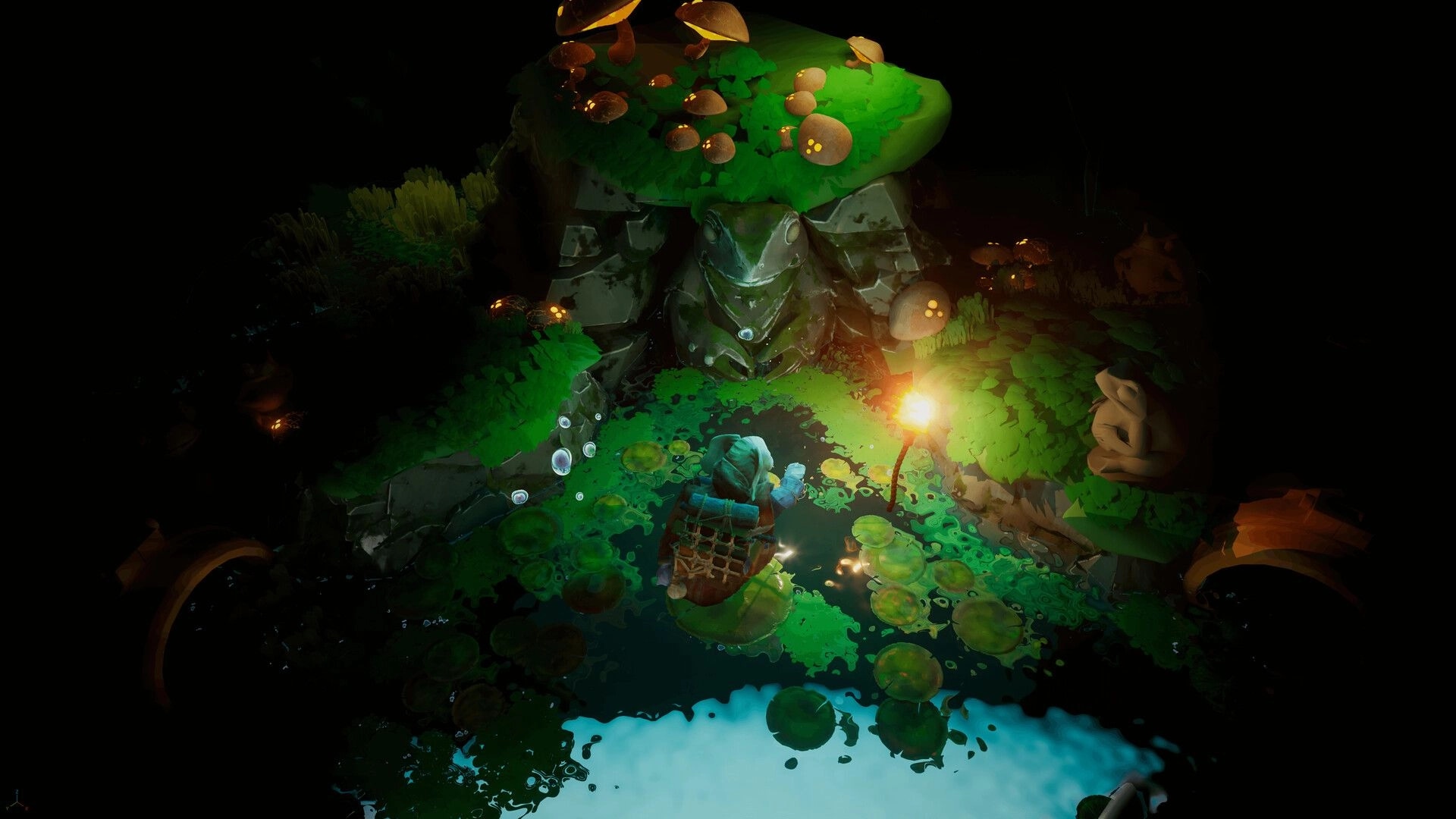Enfant: Elephant explores lush cave environment with glowing mushrooms and a torch-lit path