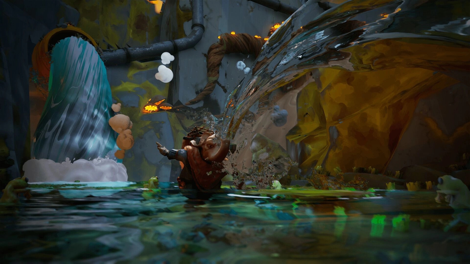 Enfant: Elephant character splashes through a flooded cave with waterfall and glowing flora nearby