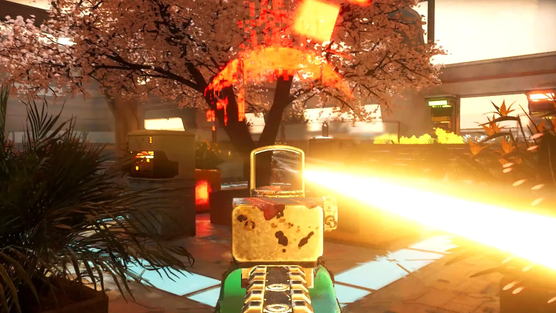 Enginefall: First-person view firing a golden weapon in a vibrant train garden with cherry blossom trees
