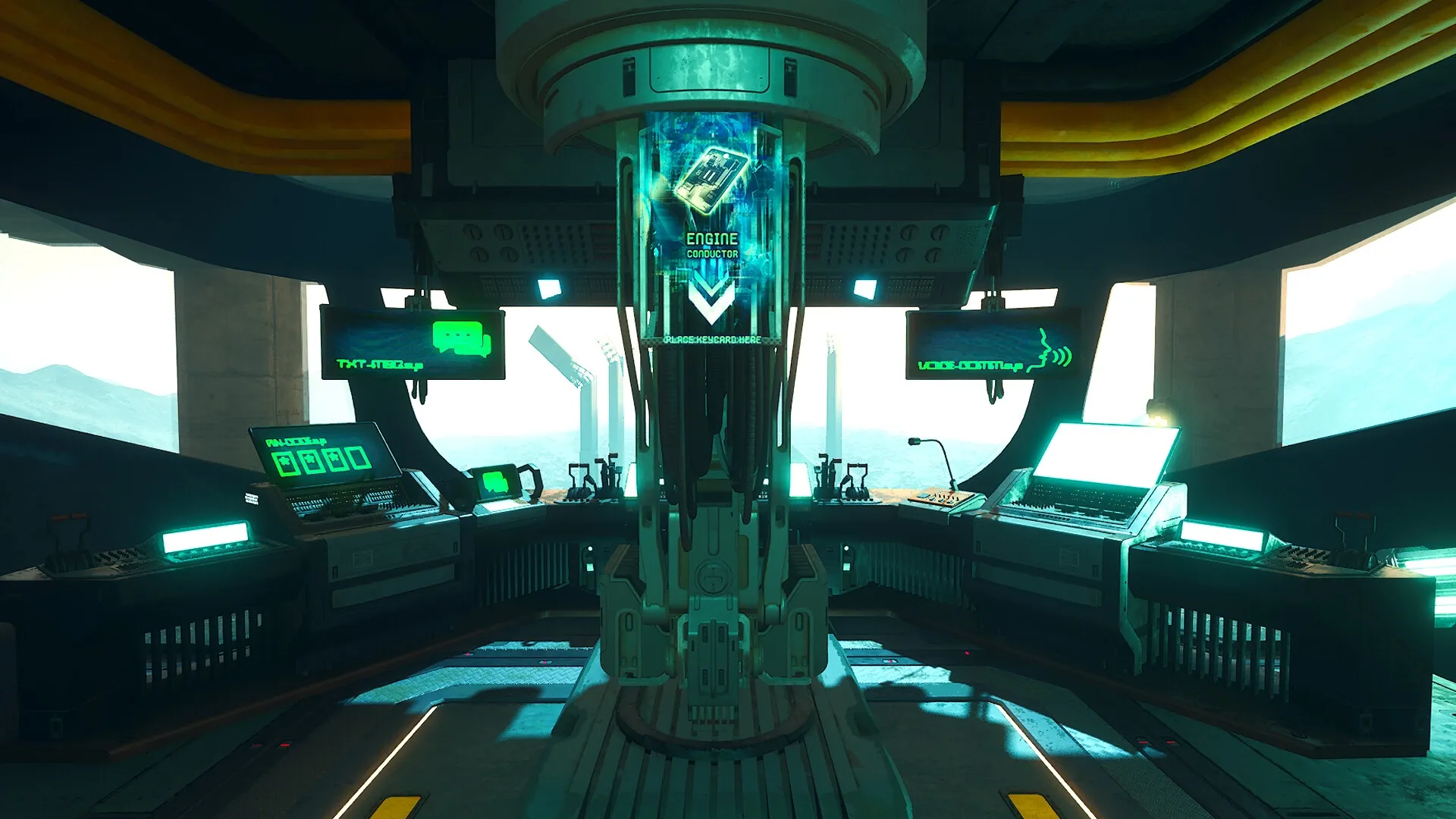 Enginefall: Command center with screens and controls in futuristic train cockpit environment