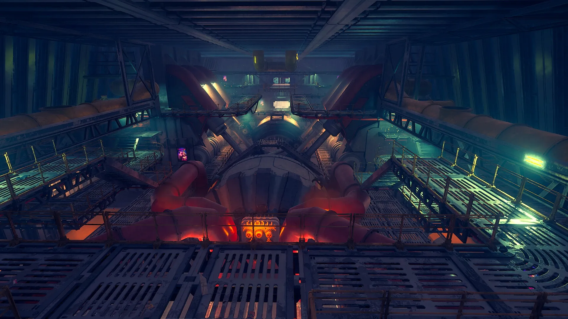 Enginefall: Industrial engine room interior with massive pipes and glowing control panels
