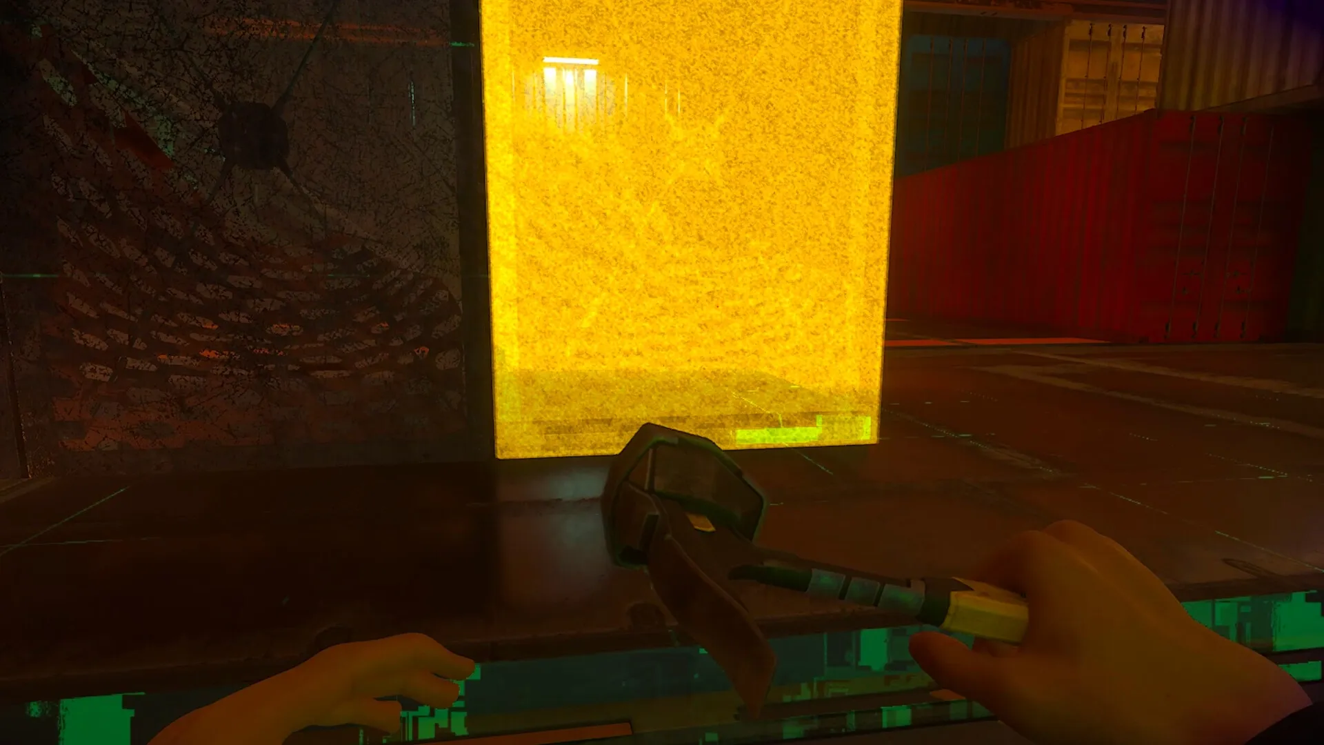 Enginefall: Player holding wrench in dimly lit train corridor with glowing yellow panel and containers