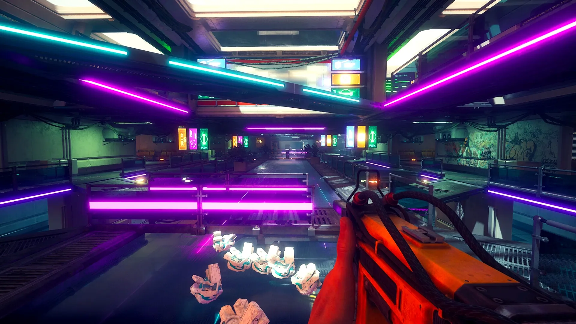 Enginefall: First-person view holding weapon inside neon-lit train corridor with glowing crystals ahead