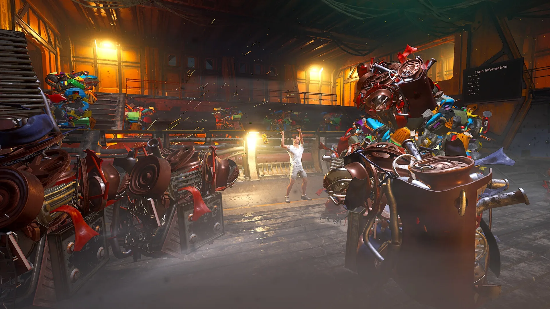 Enginefall: Player facing large robot enemies in a dimly lit train carriage filled with scrap metal