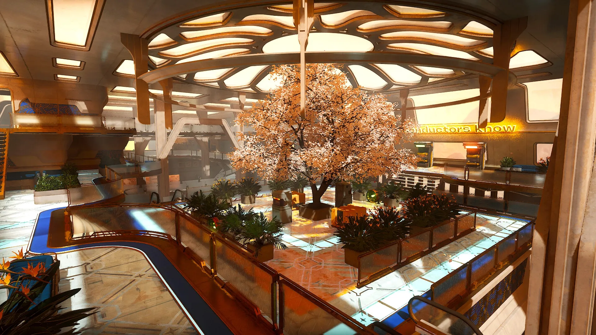 Enginefall: Central hub with illuminated cherry blossom tree, futuristic architecture, and greenery