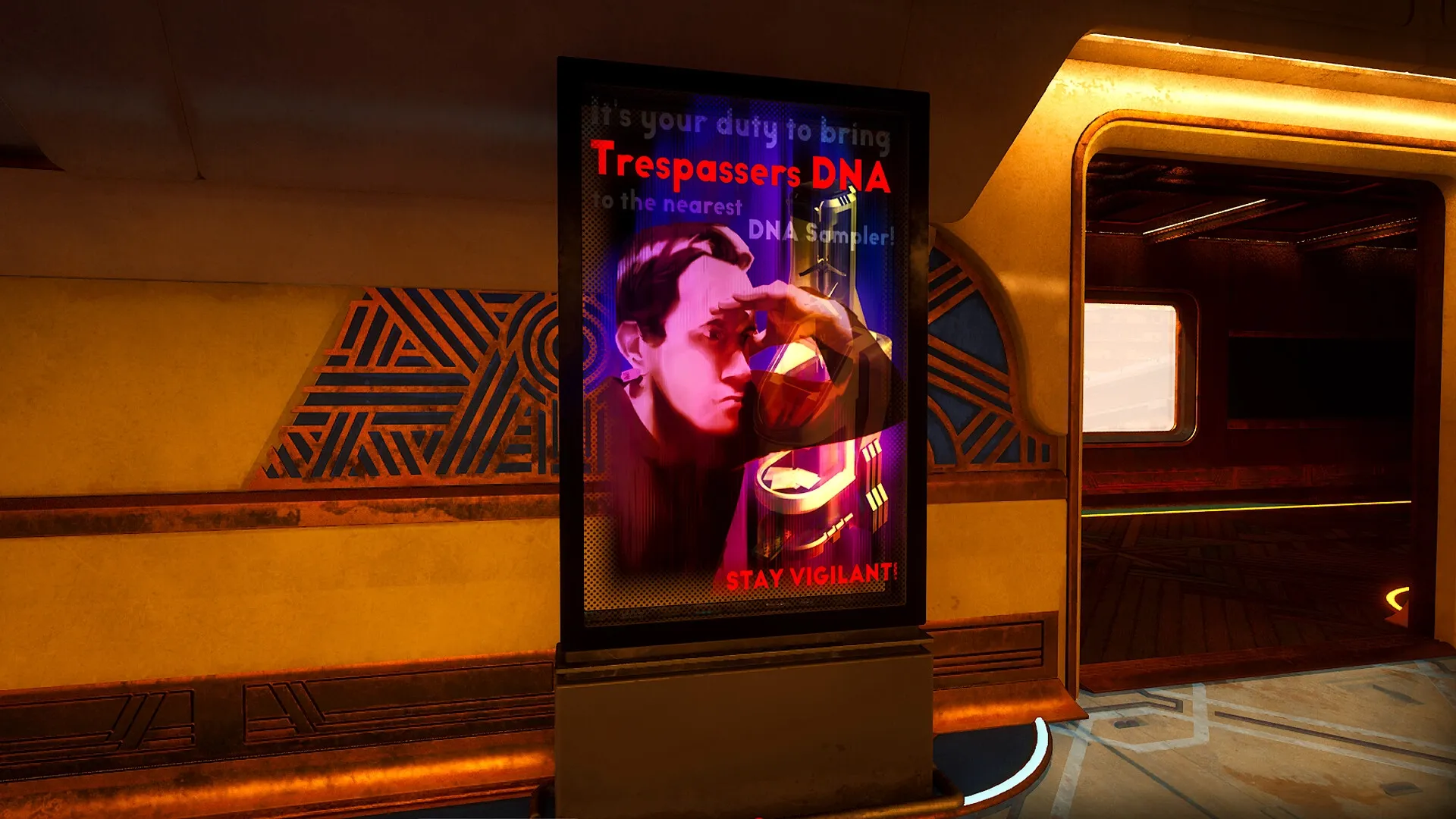 Enginefall: Propaganda poster urging vigilance against trespassers in a train corridor setting
