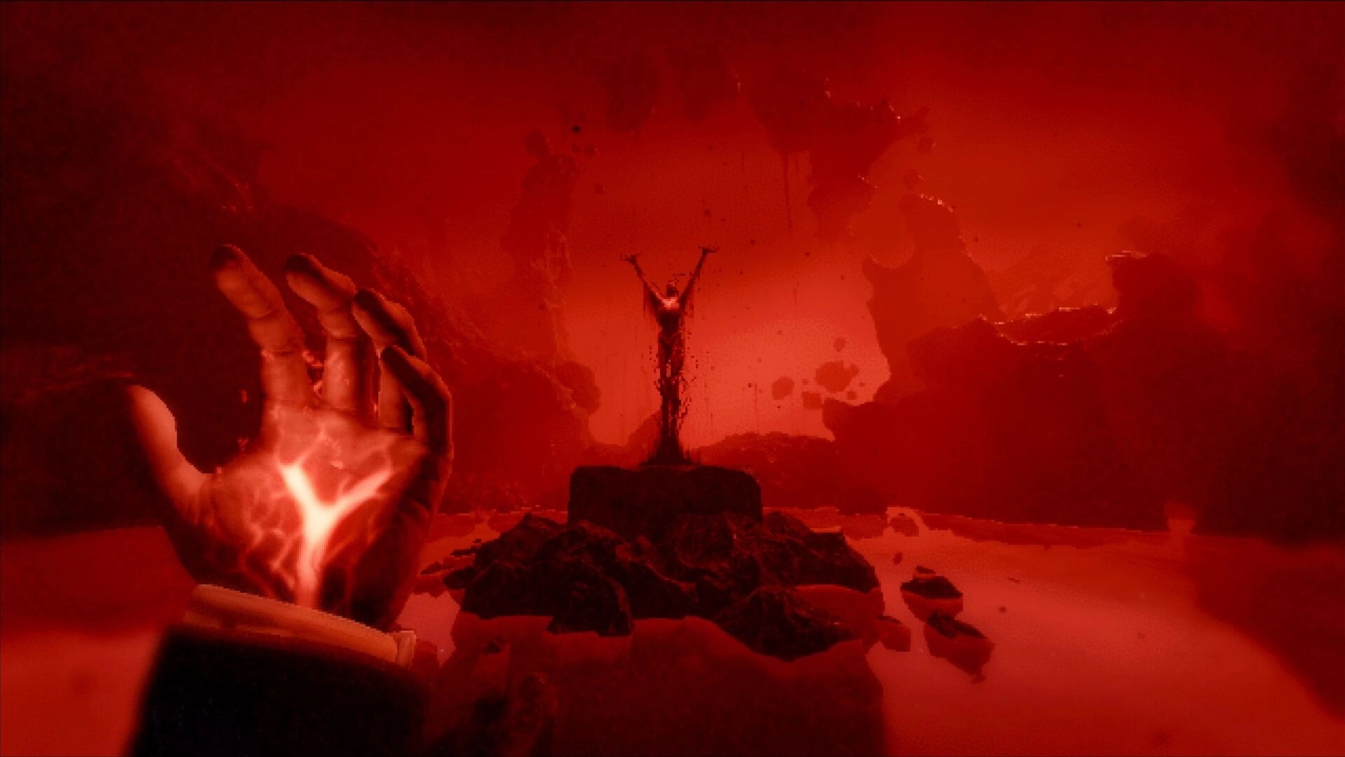 Engraving: Outstretched hand glowing ominously in a red-hued cave with a distant figure on a pedestal