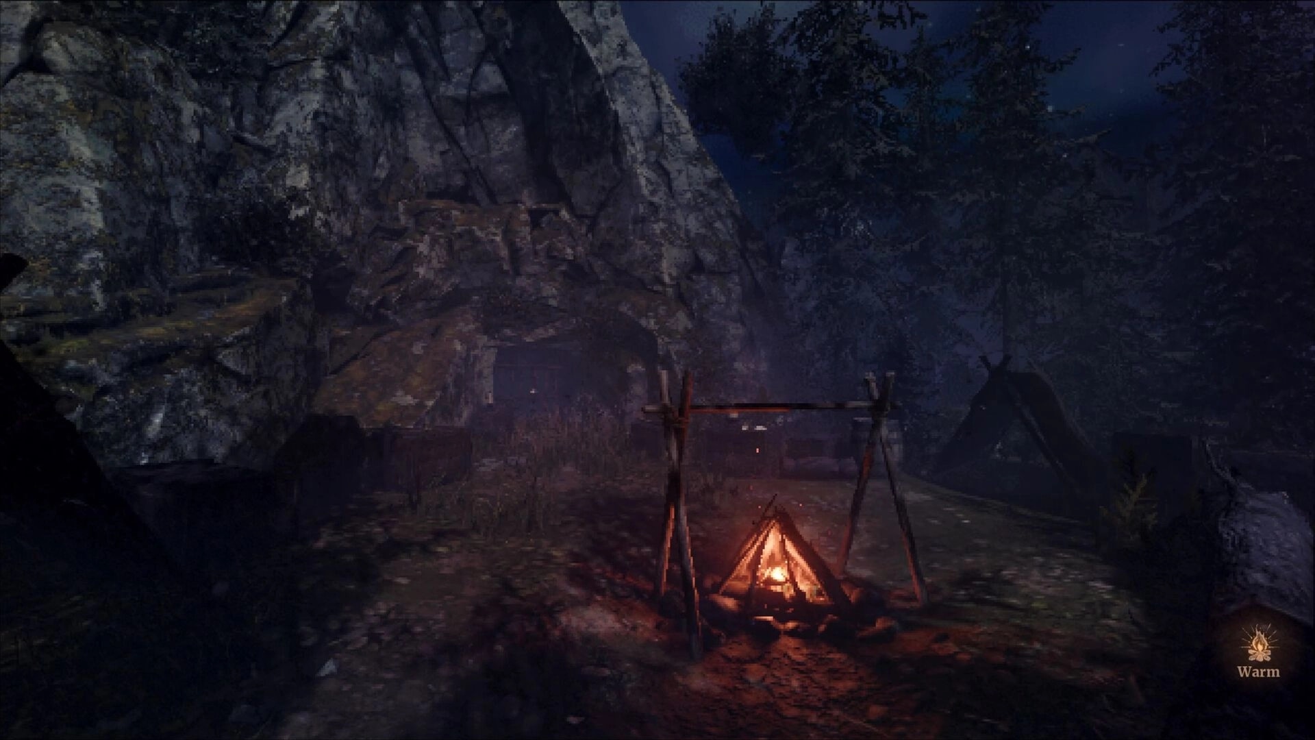 Engraving: Campfire with tents and rocky cliff under night sky, "Warm" indicator in lower corner