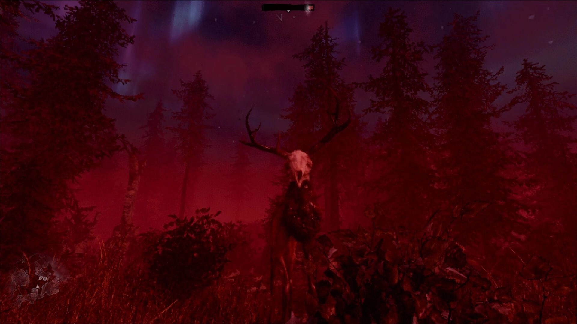 Engraving: Antlered creature with skull head in eerie, red-tinged forest with minimap in corner