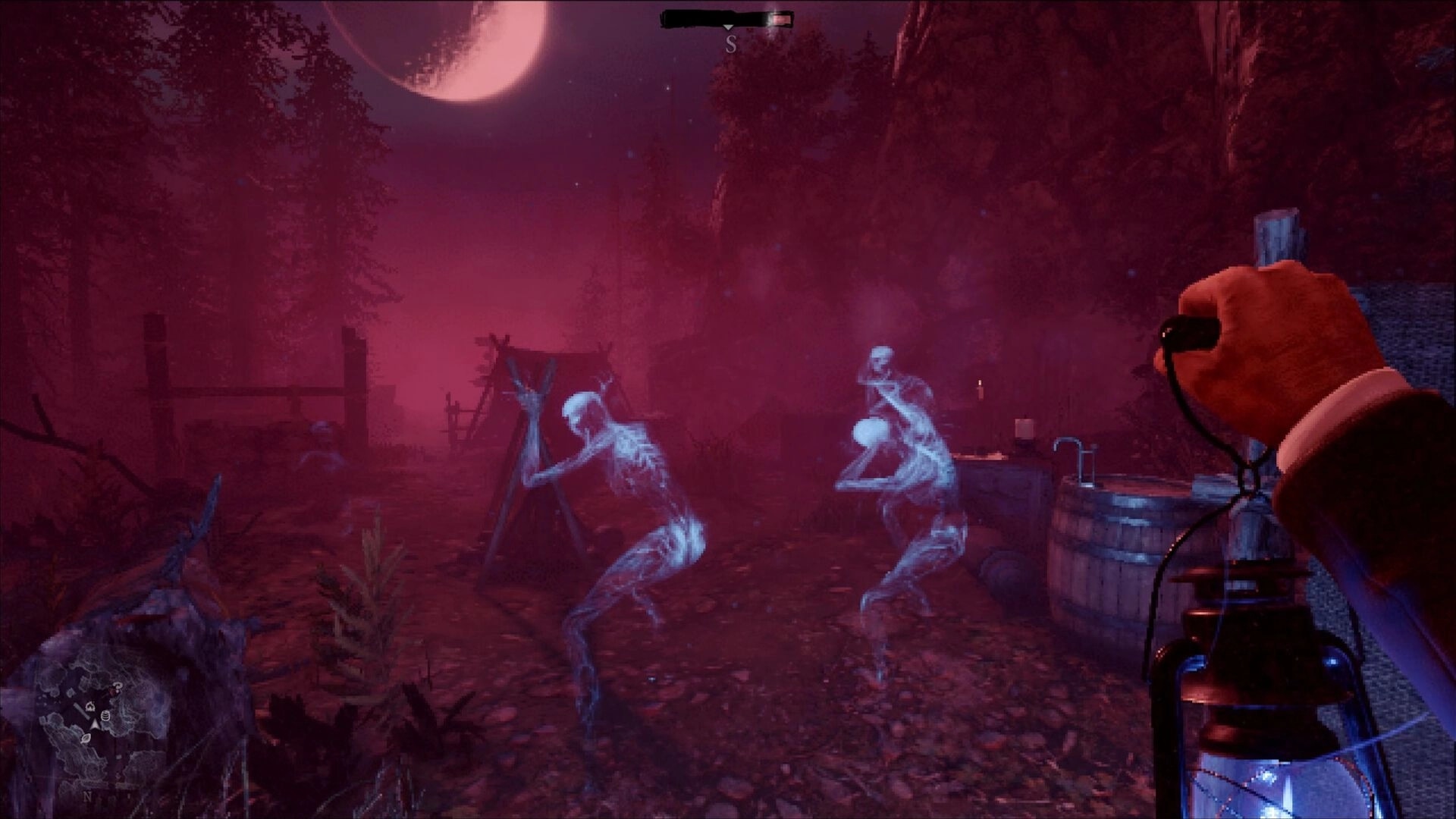 Engraving: Hand holding lantern illuminates spectral figures in eerie forest clearing under red moon.