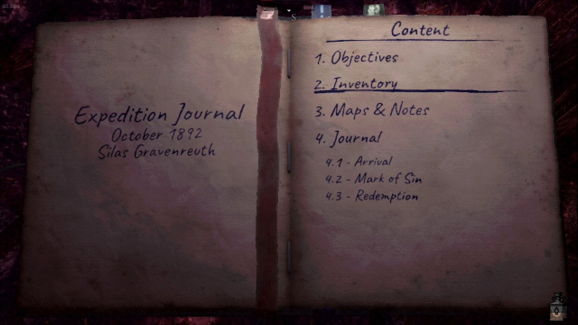 Engraving: Expedition journal open to contents list, featuring objectives and inventory in dim light