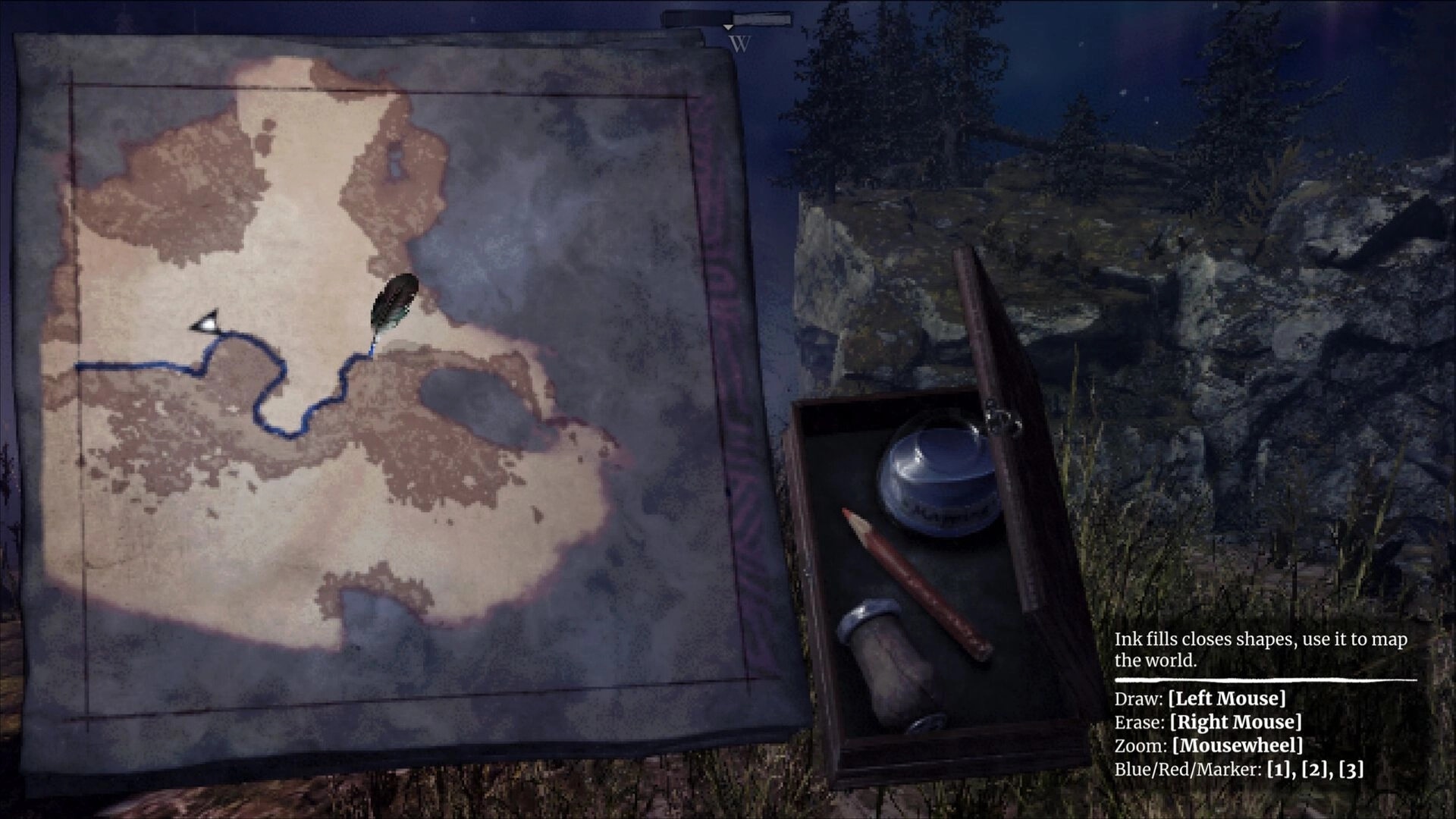 Engraving: Hand-drawn map with ink, quill, and pencil on rocky cliffside under night sky.