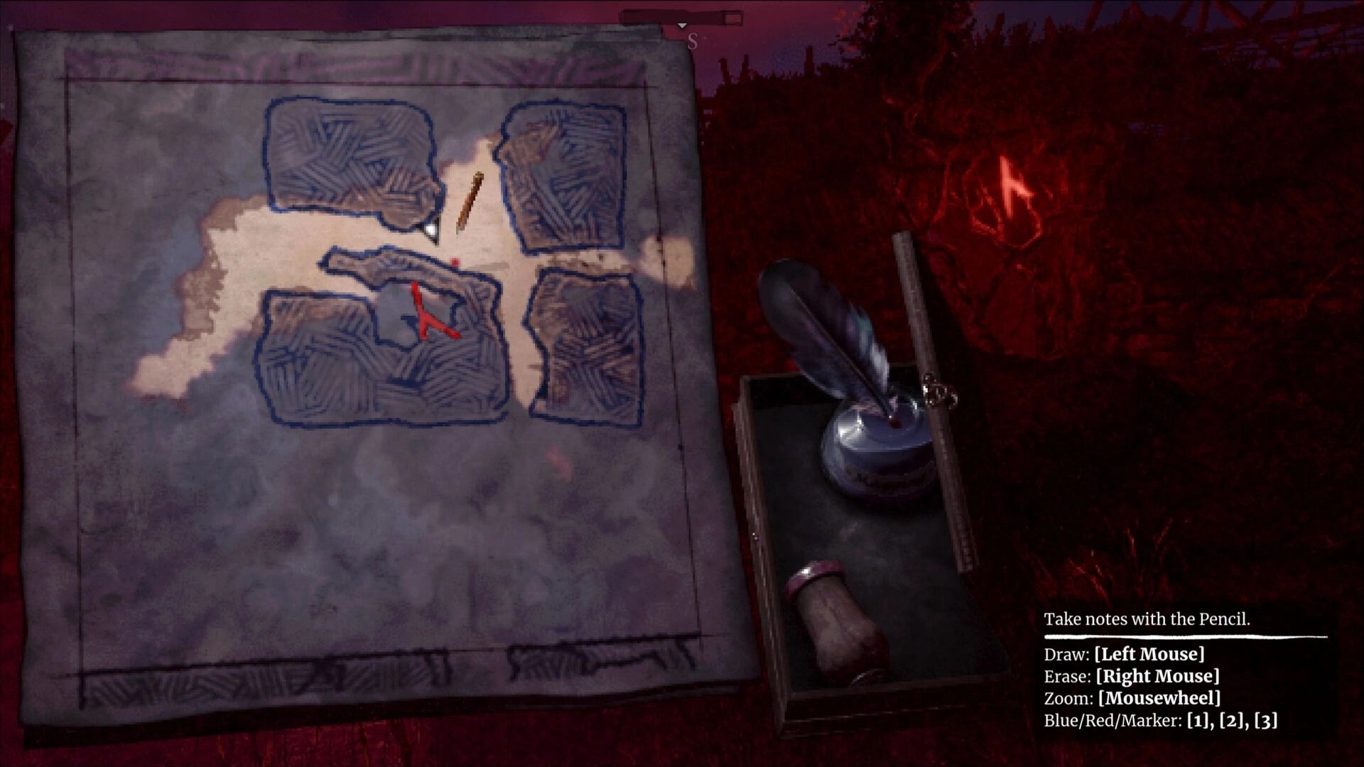 Engraving: Hand-drawn map with quill and ink on table, dark forest environment in background.