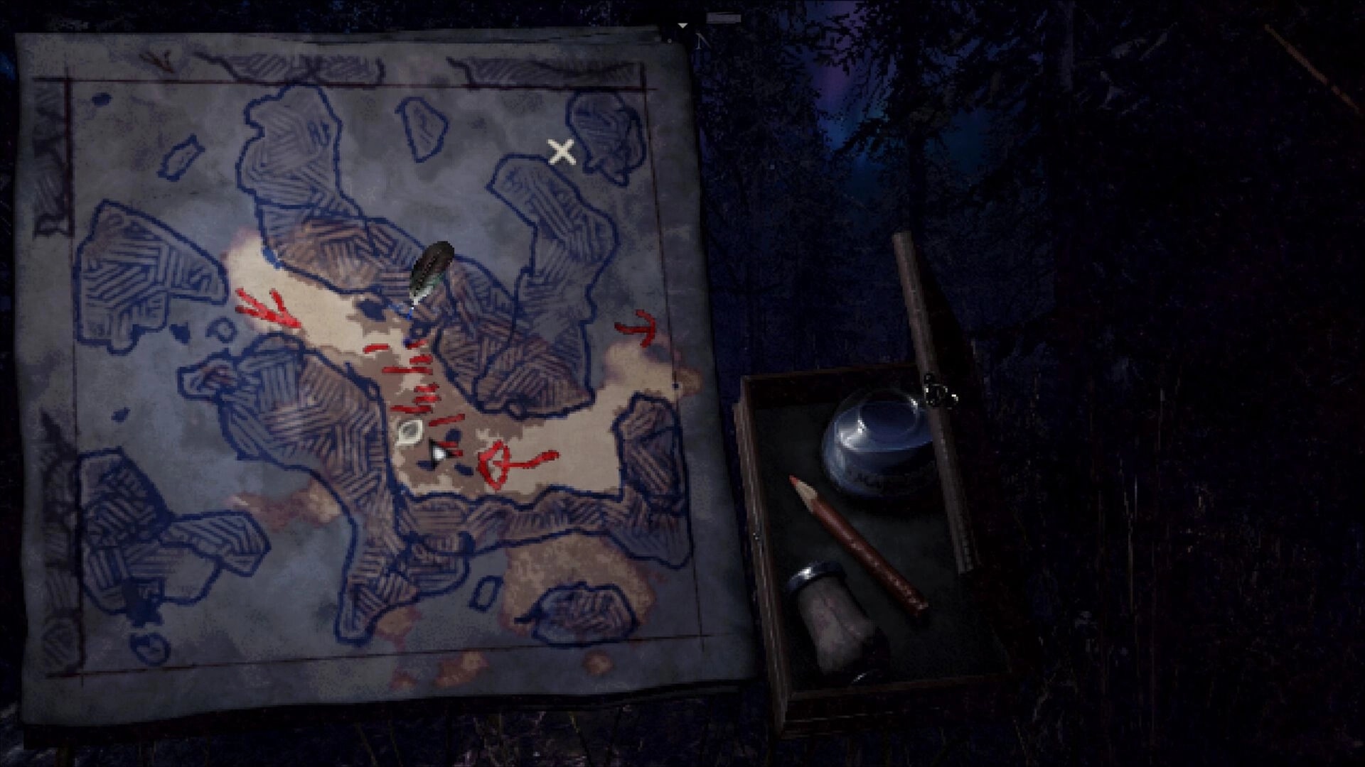 Engraving: Hand-drawn map with red markings, compass tool, and ink set in a dark forest setting