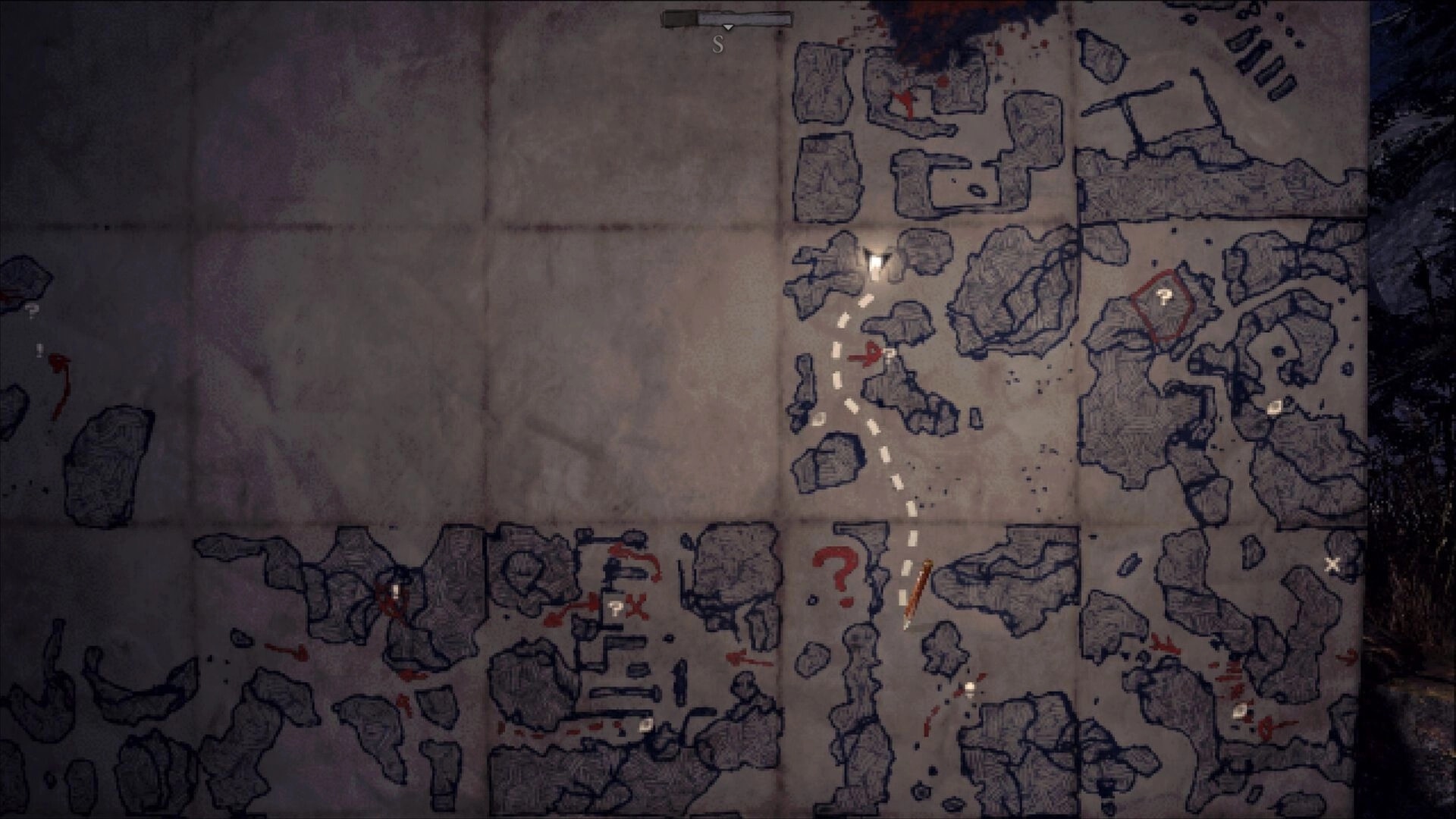 Engraving: Hand-drawn map with marked paths and question marks in a dark, eerie environment.