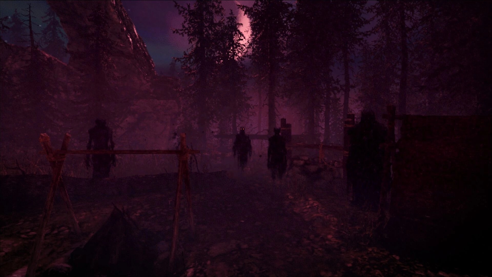 Engraving: Shadowy figures approach through a dark, eerie forest under a purple-hued sky.