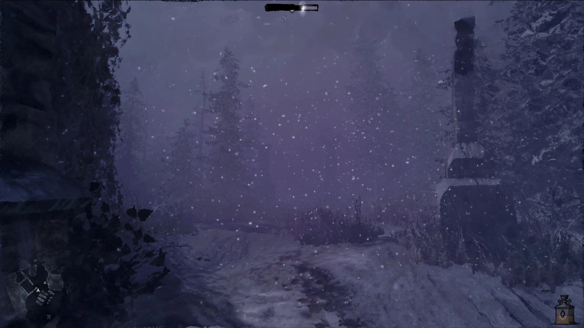 Engraving: Snowfall on a dark forest path with a stone pillar, map and lantern icons visible
