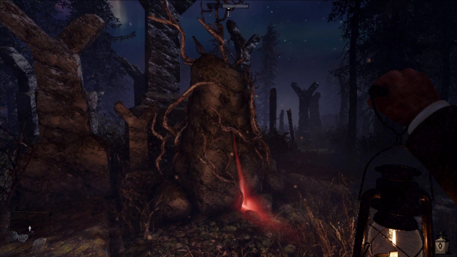 Engraving: Player holds lantern exploring haunted forest with glowing red fissure in ancient stone