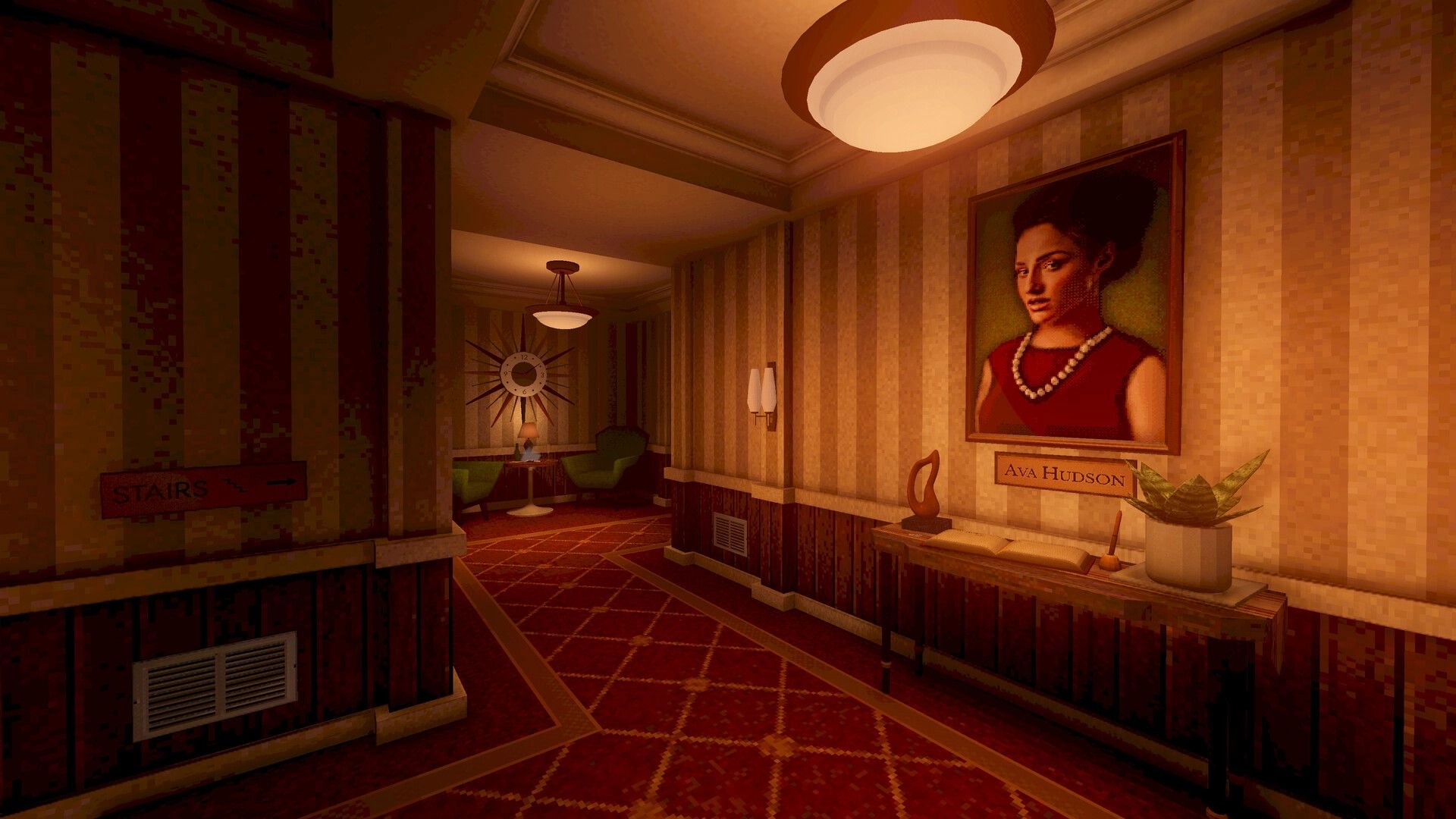 Enjoy Your Stay: First-person view down hotel hallway with Ava Hudson portrait, stairs sign, lounge nook.