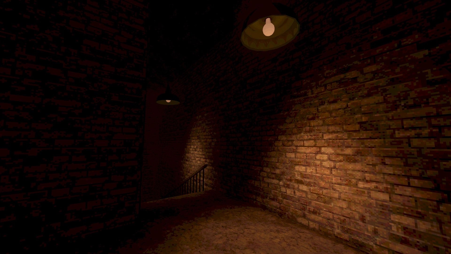 Enjoy Your Stay: Dim stairwell corridor with brick walls and hanging lamps in a shadowy hotel hall.