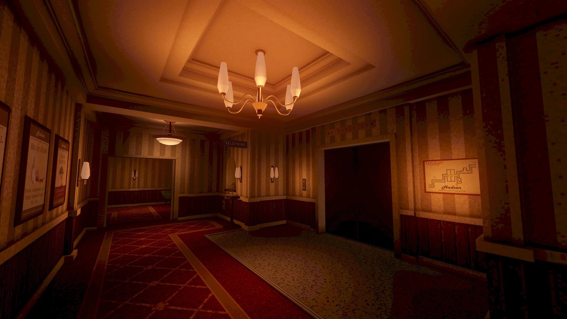 Enjoy Your Stay: Dim hotel corridor with elevator doors, chandelier lighting, and evacuation plan map on wall.