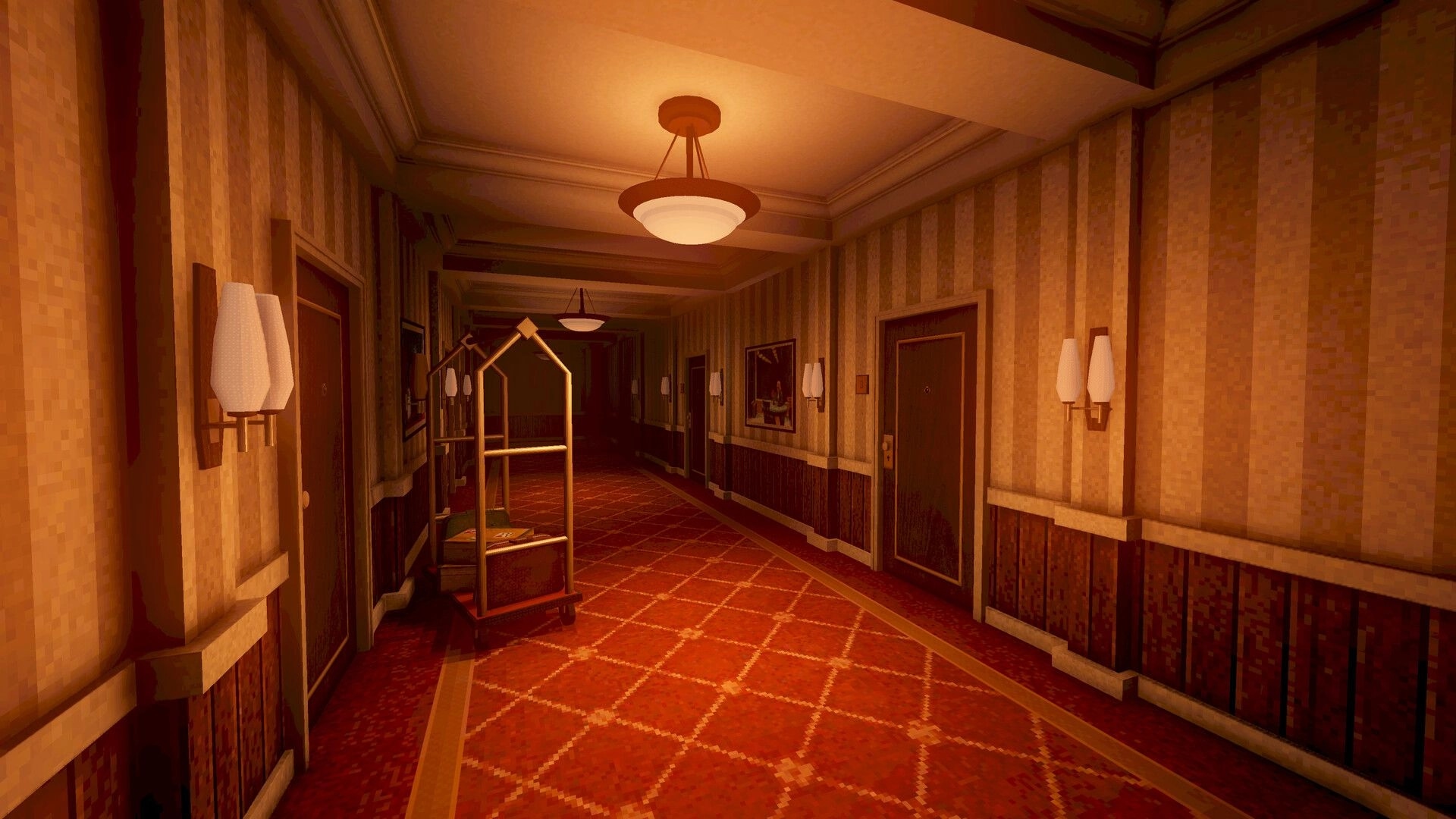 Enjoy Your Stay: First-person view down a dim hotel hallway with doors, lamps, and luggage cart.