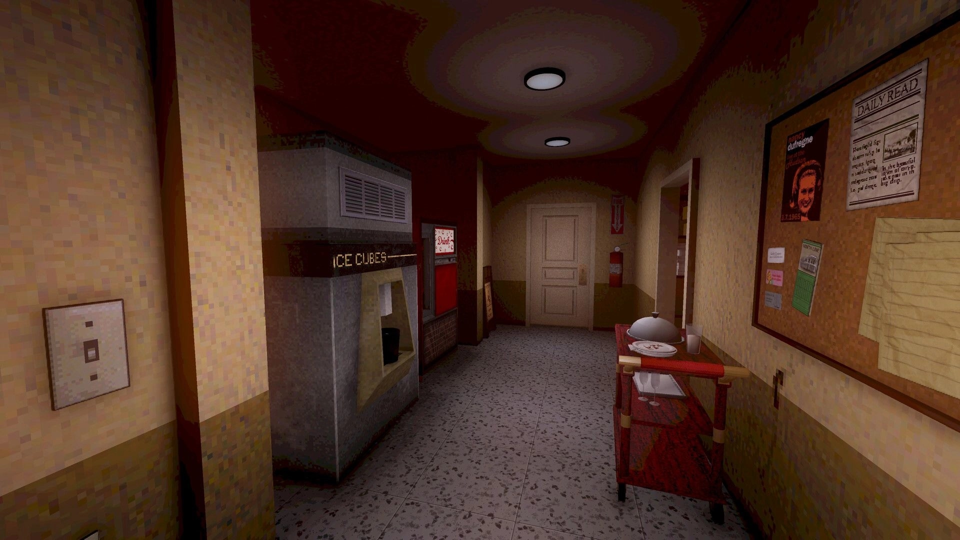 Enjoy Your Stay: First-person view down hotel hallway with ice machine, bulletin board, and room cart.