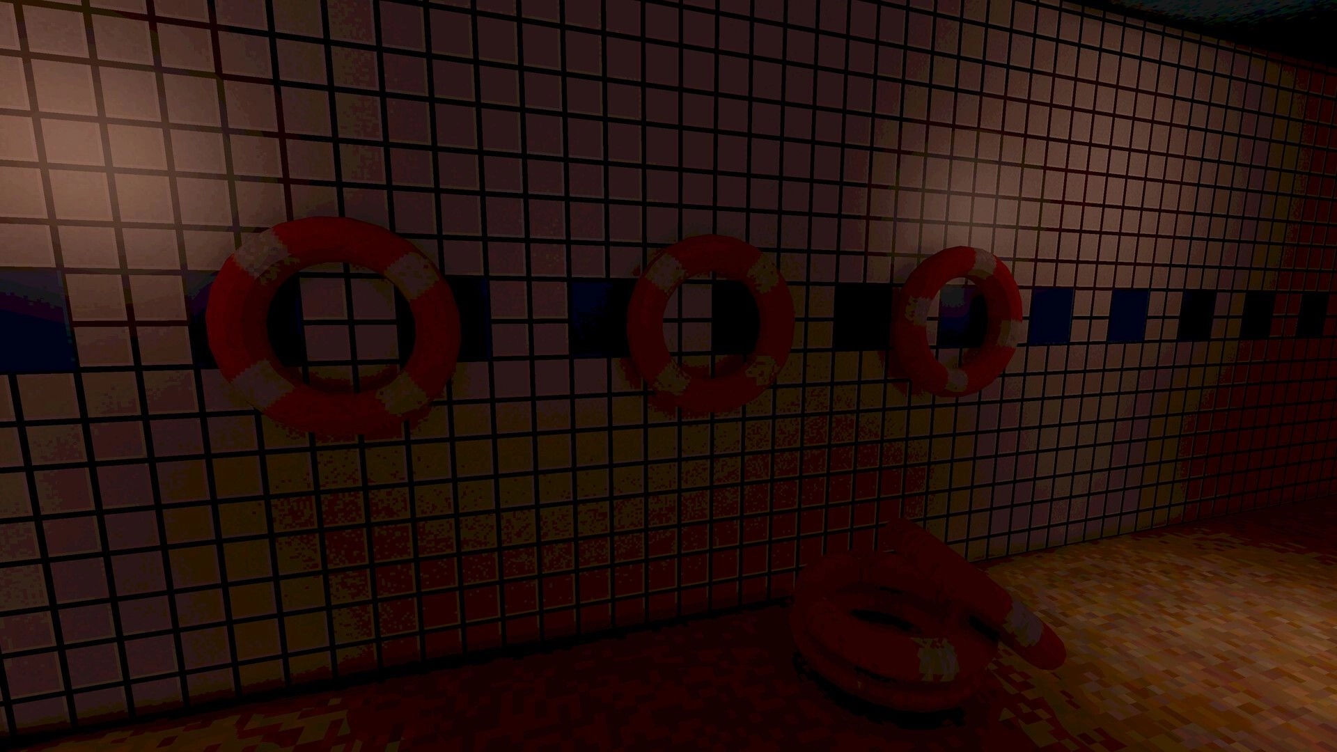 Enjoy Your Stay: First-person view of tiled wall with three red lifebuoys in a dim pool corridor.