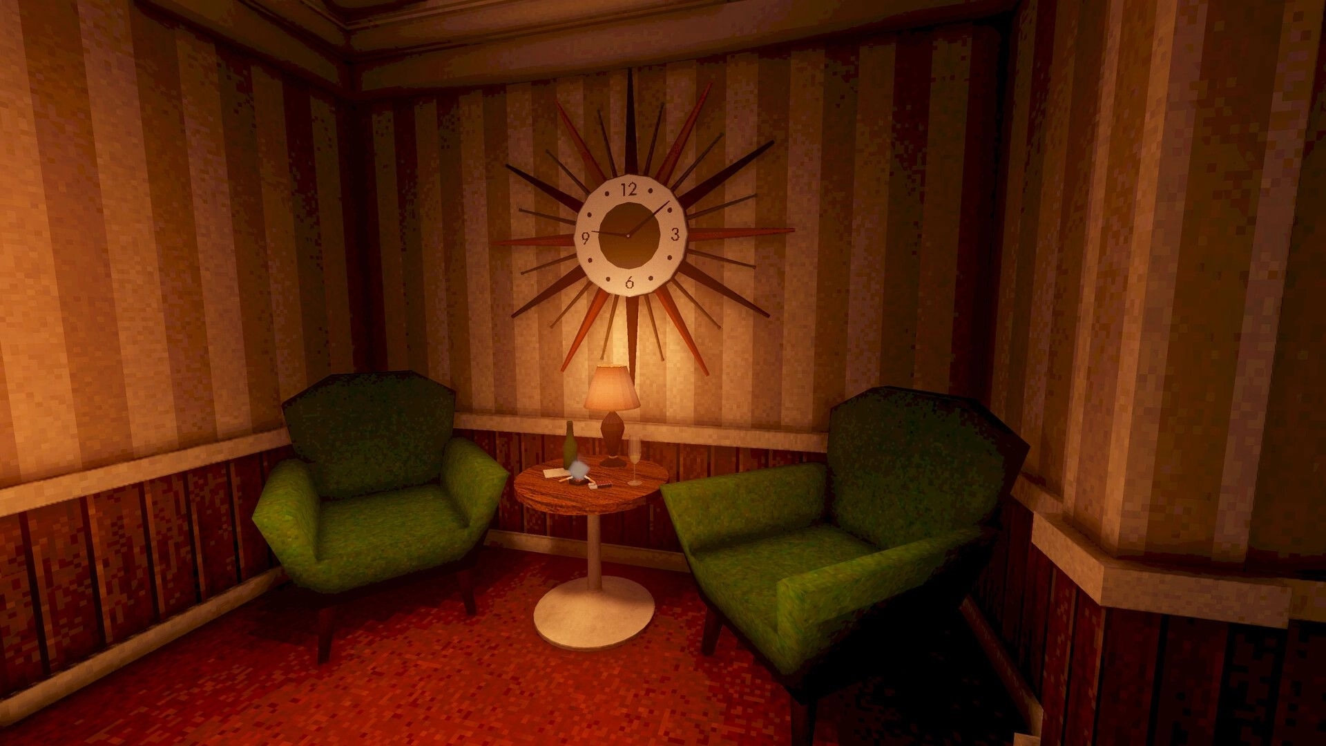 Enjoy Your Stay: Two green armchairs by a small table and lamp beneath a wall clock in hotel nook.