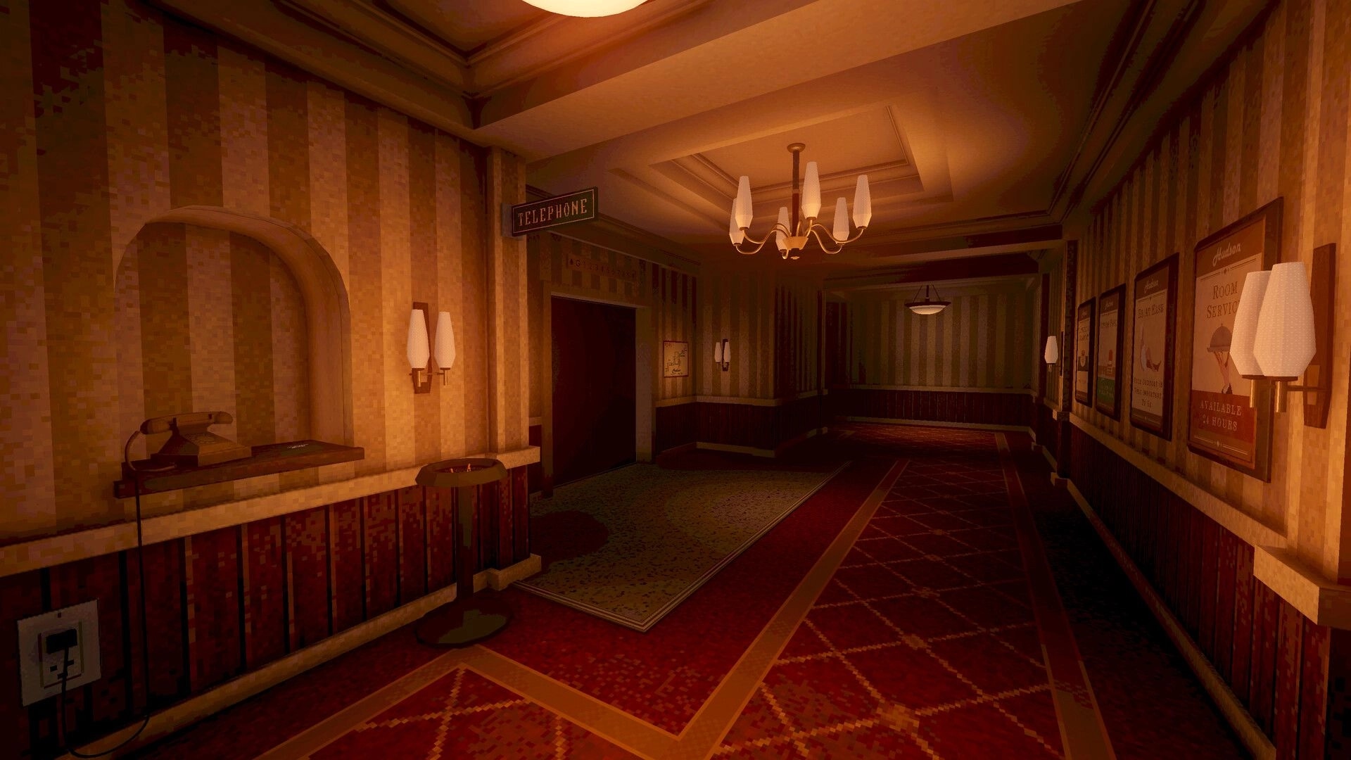 Enjoy Your Stay: Dim hotel hallway with telephone alcove, wall lamps, posters, and red carpet runner.