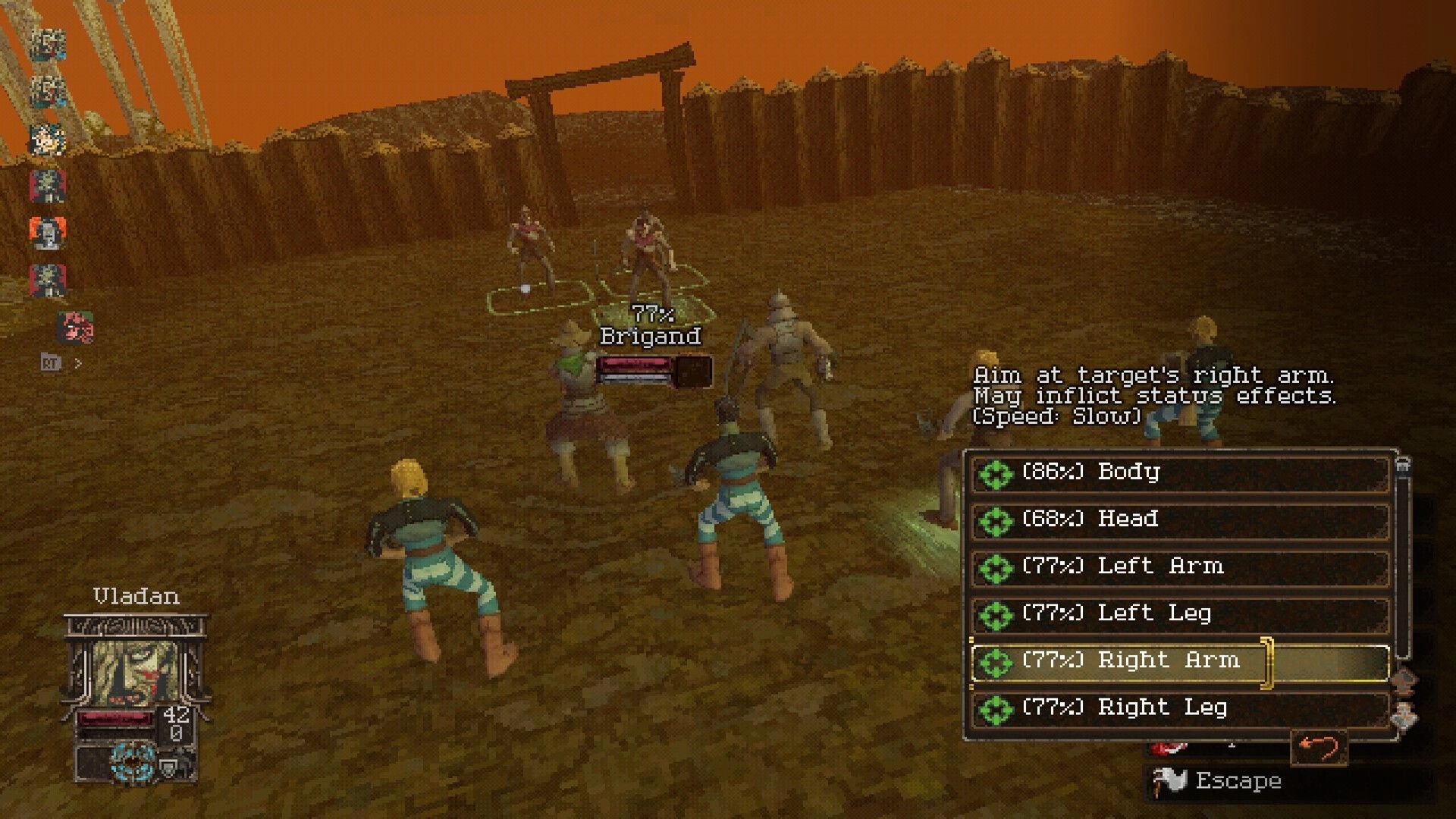 Entropy: Turn-based battle targeting Brigand with limb hit chances menu in a dusty canyon arena.