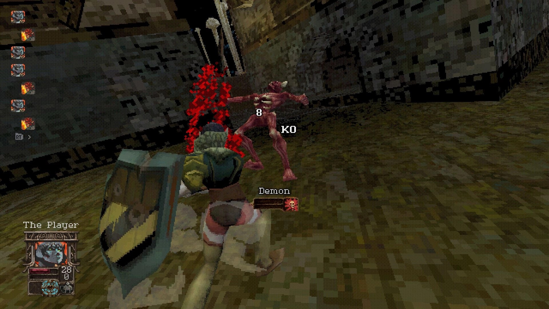 Entropy: Player attacks a demon for 8 damage, KO text shown in a gritty stone dungeon corridor.