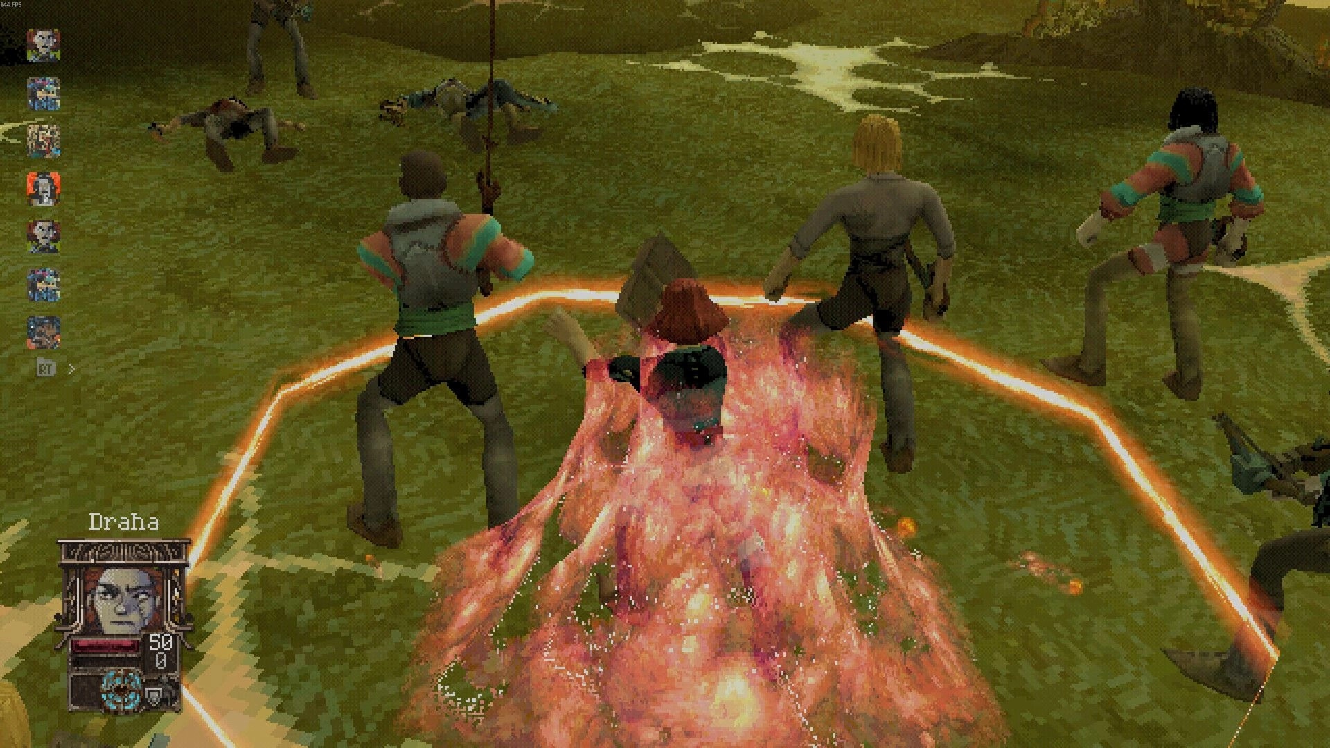 Entropy: Draha casts a fiery spell in turn-based battle on a grassy field, party UI on left.