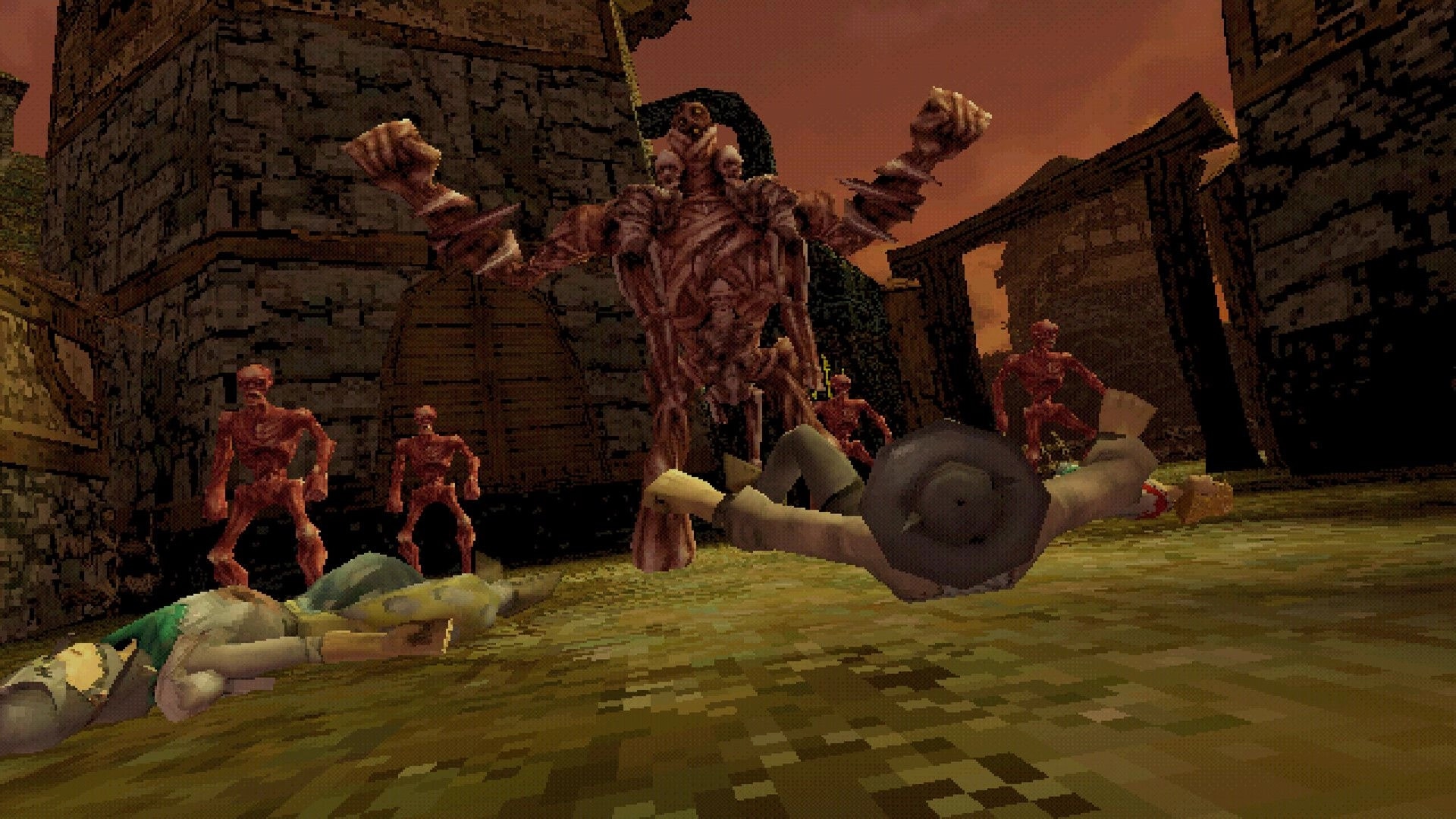 Entropy: Giant demon and red humanoids loom over fallen bodies in a ruined stone village at dusk.