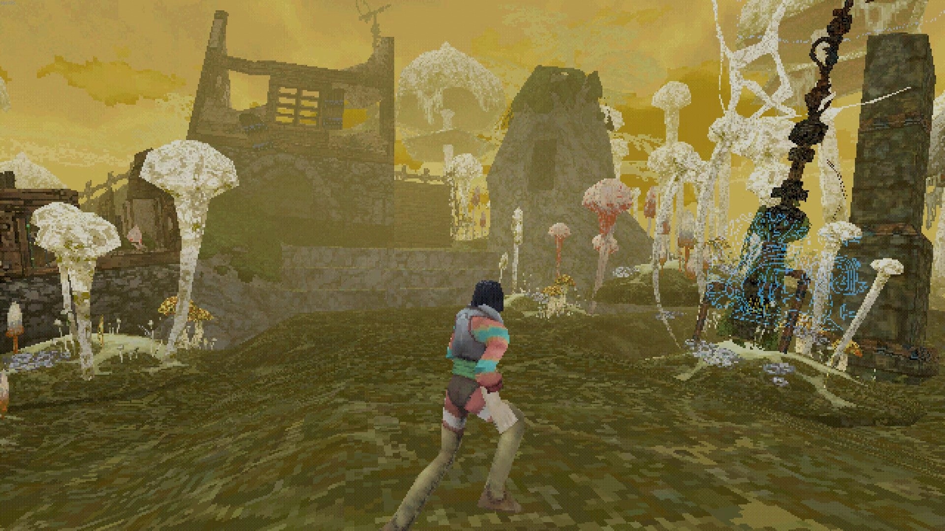 Entropy: Third-person adventurer approaches glowing portal beside stone pillar in foggy mushroom grove.