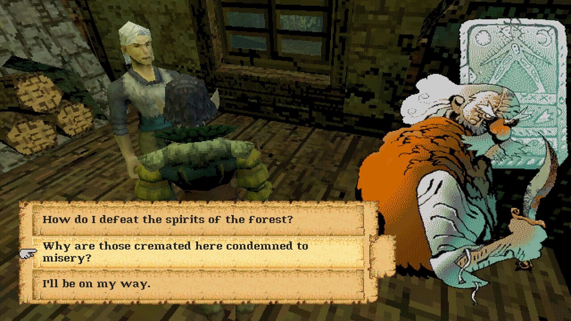 Entropy: Dialogue choices with seated NPC in cabin interior, parchment menu asks about forest spirits.