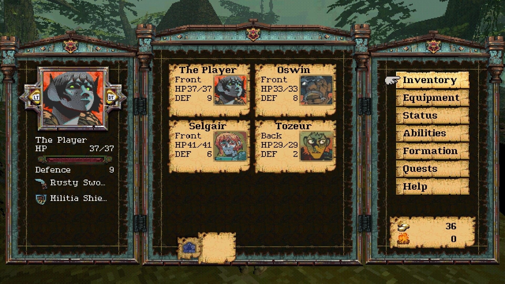 Entropy: Party management menu with portraits, HP/DEF stats, and inventory options on parchment UI.