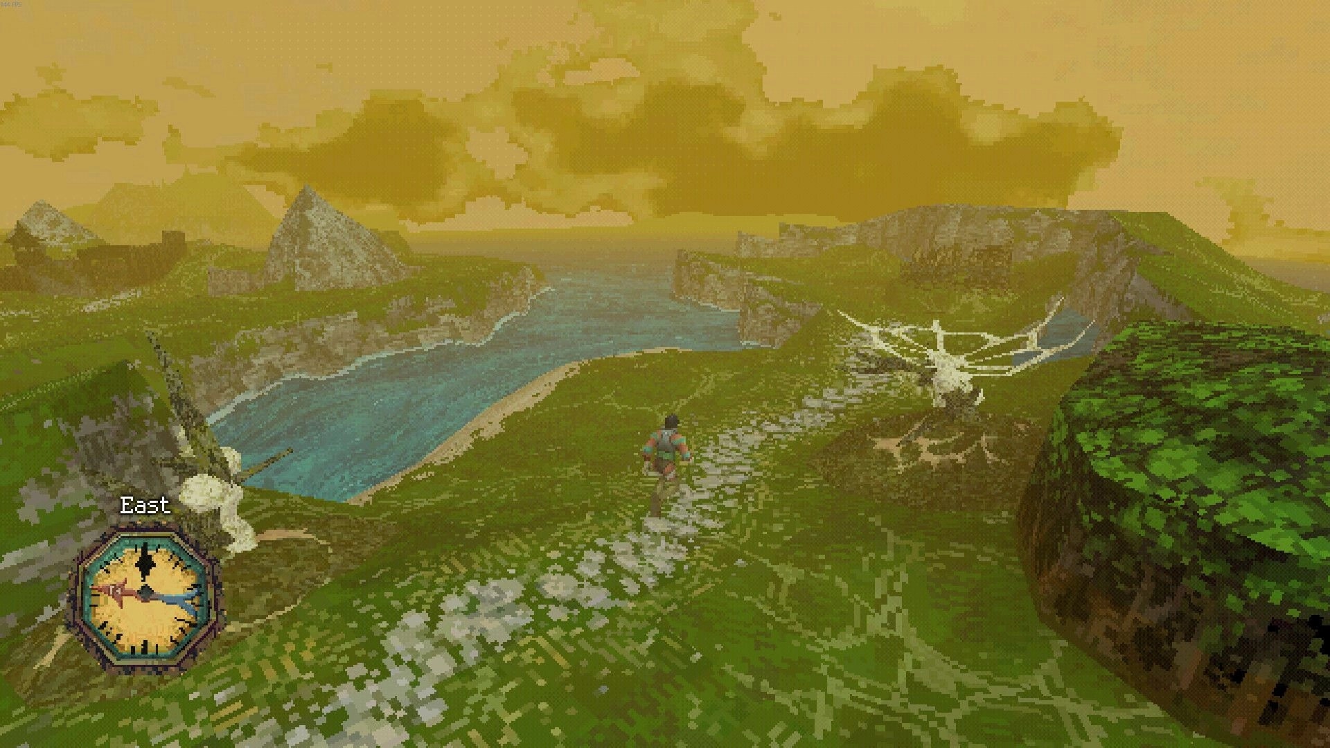 Entropy: Adventurer runs along cliffside path by river, with compass UI and East marker visible.