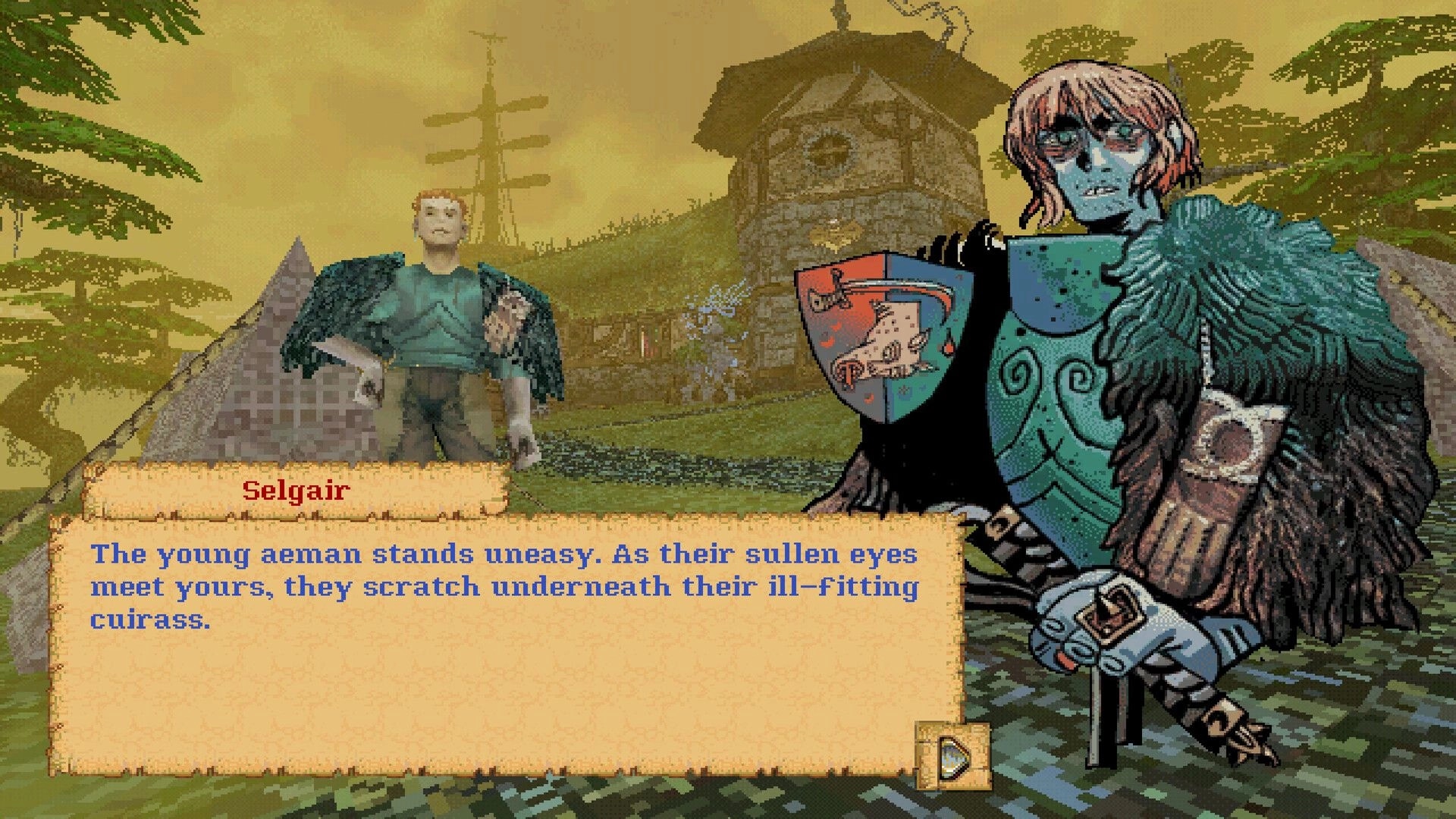 Entropy: Dialogue box with Selgair portrait and text, in a village scene with house and trees.